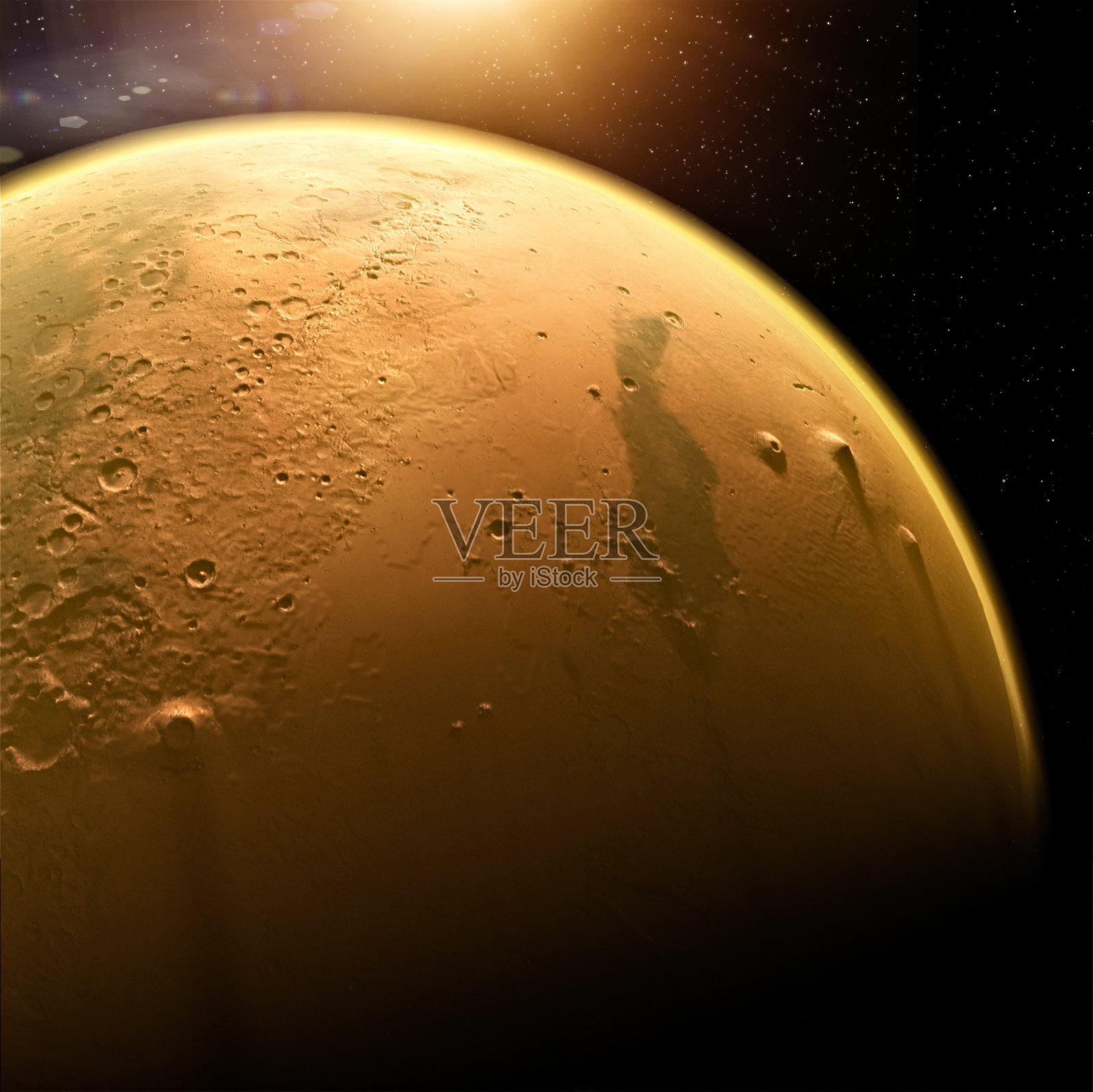 火星的卫星视图，火星表面的细节和细节。这颗红色星球上的火山口、山谷和山脉照片摄影图片