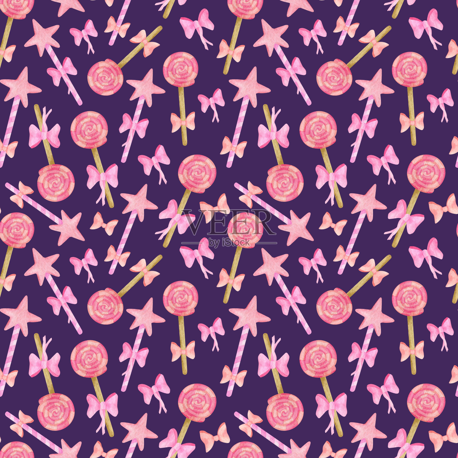 水彩可爱棒棒糖无缝图案。手画粉色圆形和星形糖果与丝带蝴蝶结的女婴孤立在白色。插画图片素材