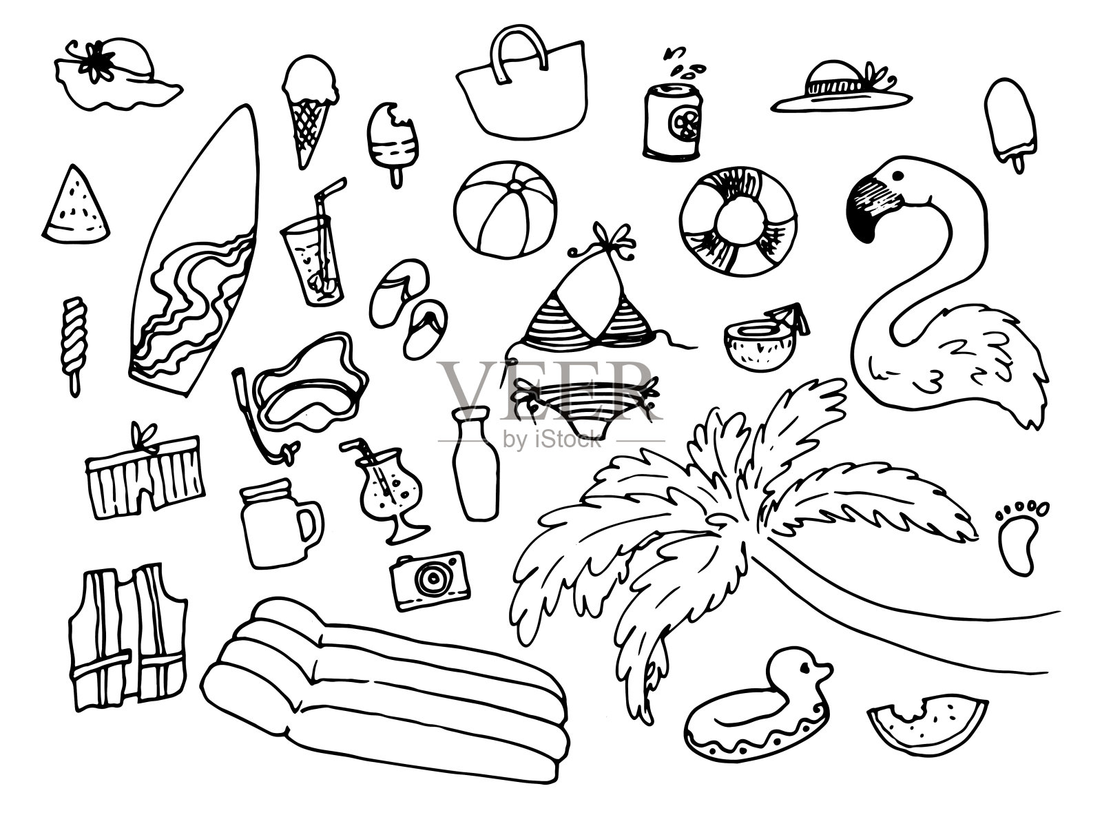 矢量集孤立的海滩假日元素黑色线手绘在涂鸦风格。大型度假泳装，棕榈树，床垫，食物，鸡尾酒和火烈鸟夏季设计模板插画图片素材