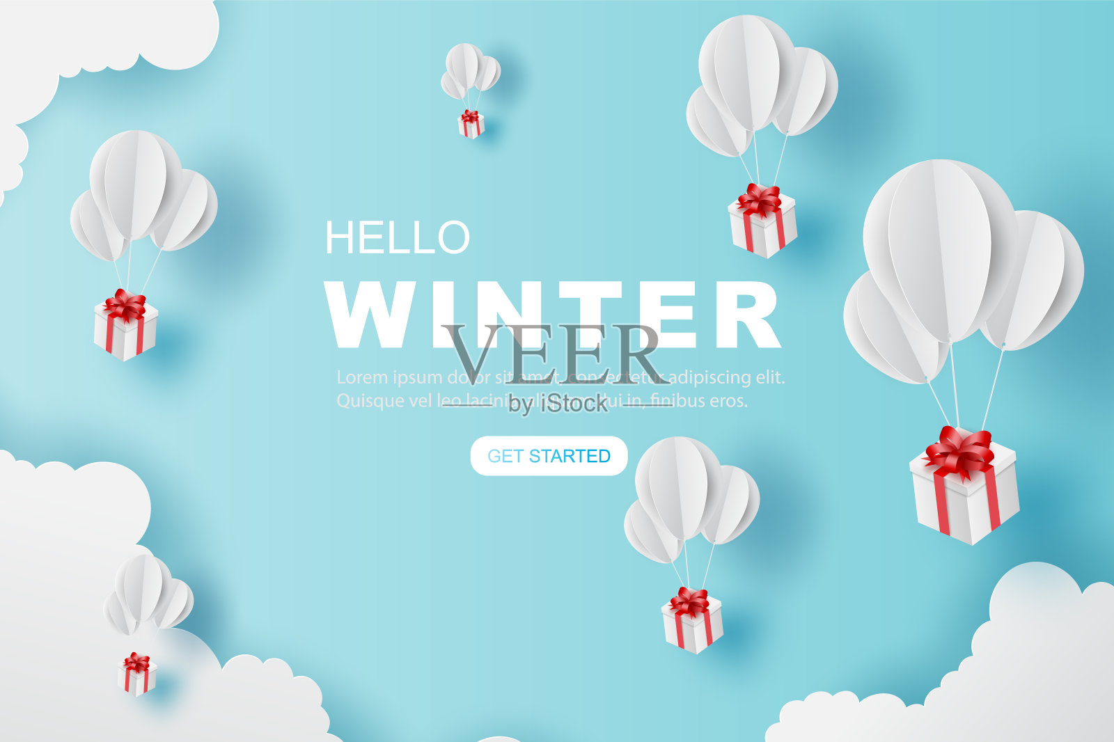 气球礼物飞上蓝天。你好,冬天的概念。纸艺术的气球白色漂浮和礼盒在空中蓝色的天空为圣诞快乐和节日海报。设计纸的工艺和切割设计模板素材