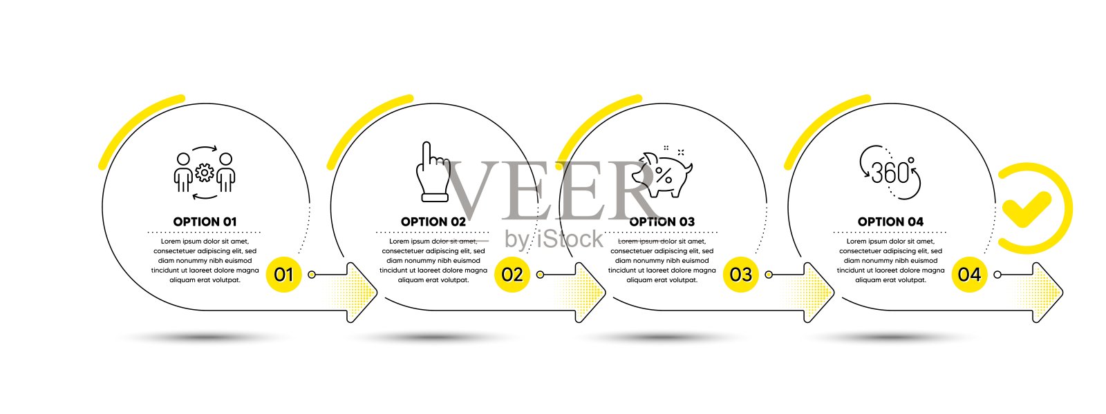 点击手，贷款百分比和工程团队图标集。360度的迹象。向量插画图片素材