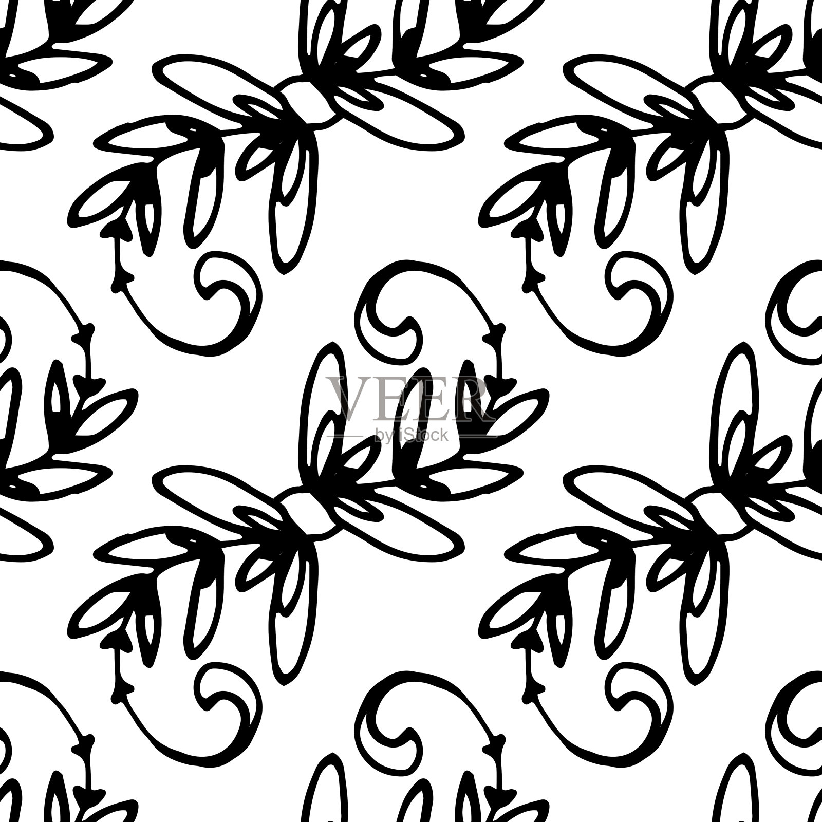 有叶子和卷曲的树枝图案。一个矢量植物元素的无缝模式，用涂鸦风格手绘，白色背景上有一条黑线。设计模板的工厂背景插画图片素材