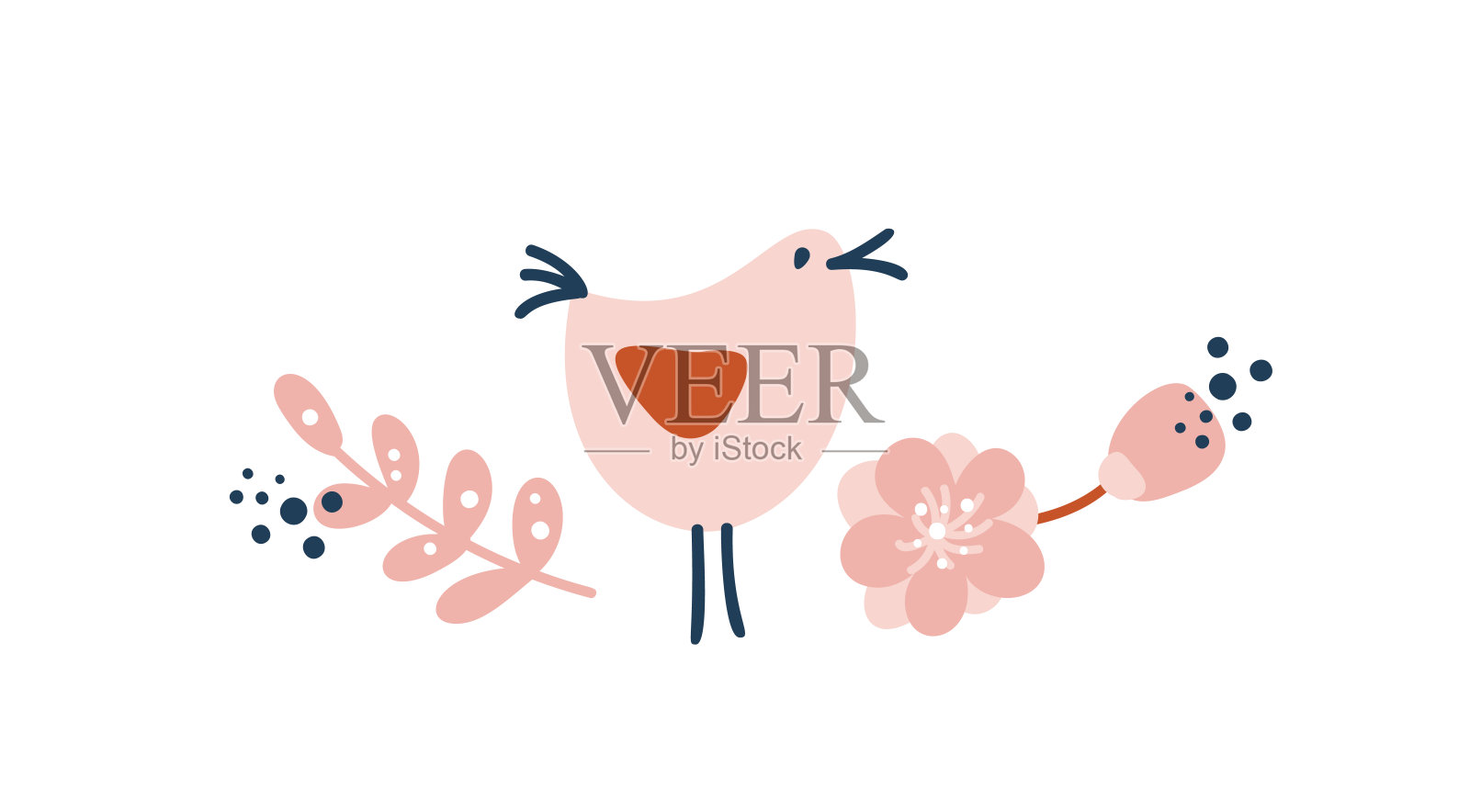 夏季矢量野花插图花束与鸟分。斯堪的那维亚花枝，春季孤立在白色背景上。草甸草。手绘涂鸦墨水素描。色彩设计设计元素图片