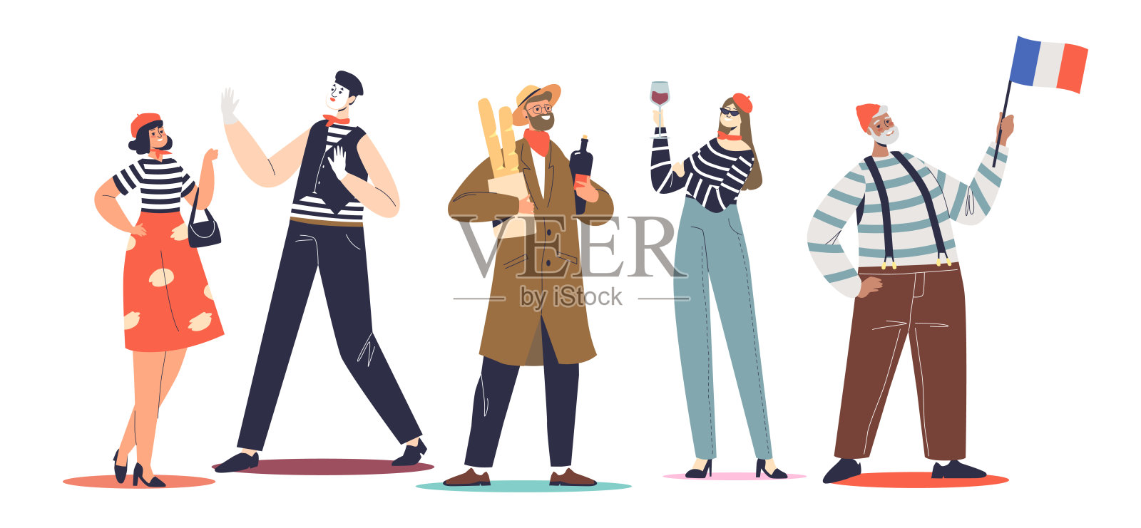 典型的法国人:哑剧演员，戴贝雷帽的女人拿着法棍和红酒插画图片素材