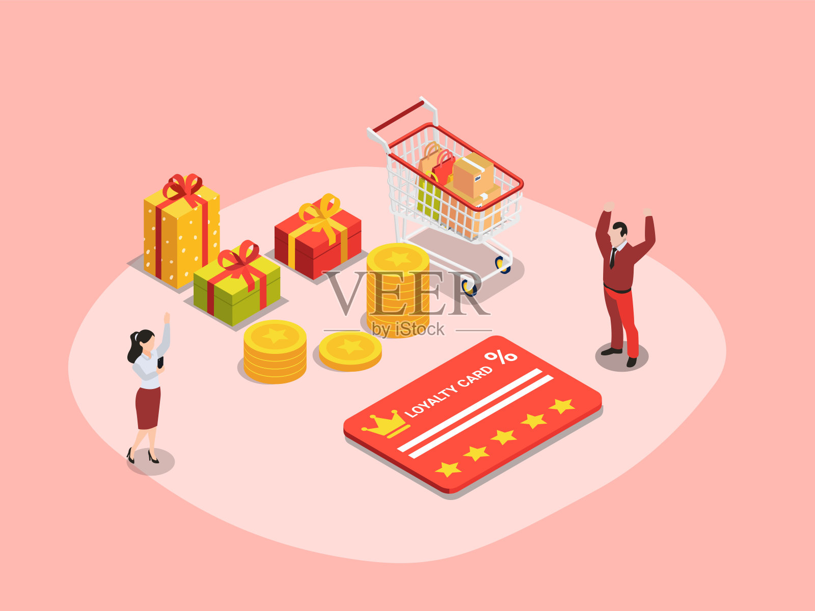 两个人在商店拿会员卡插画图片素材