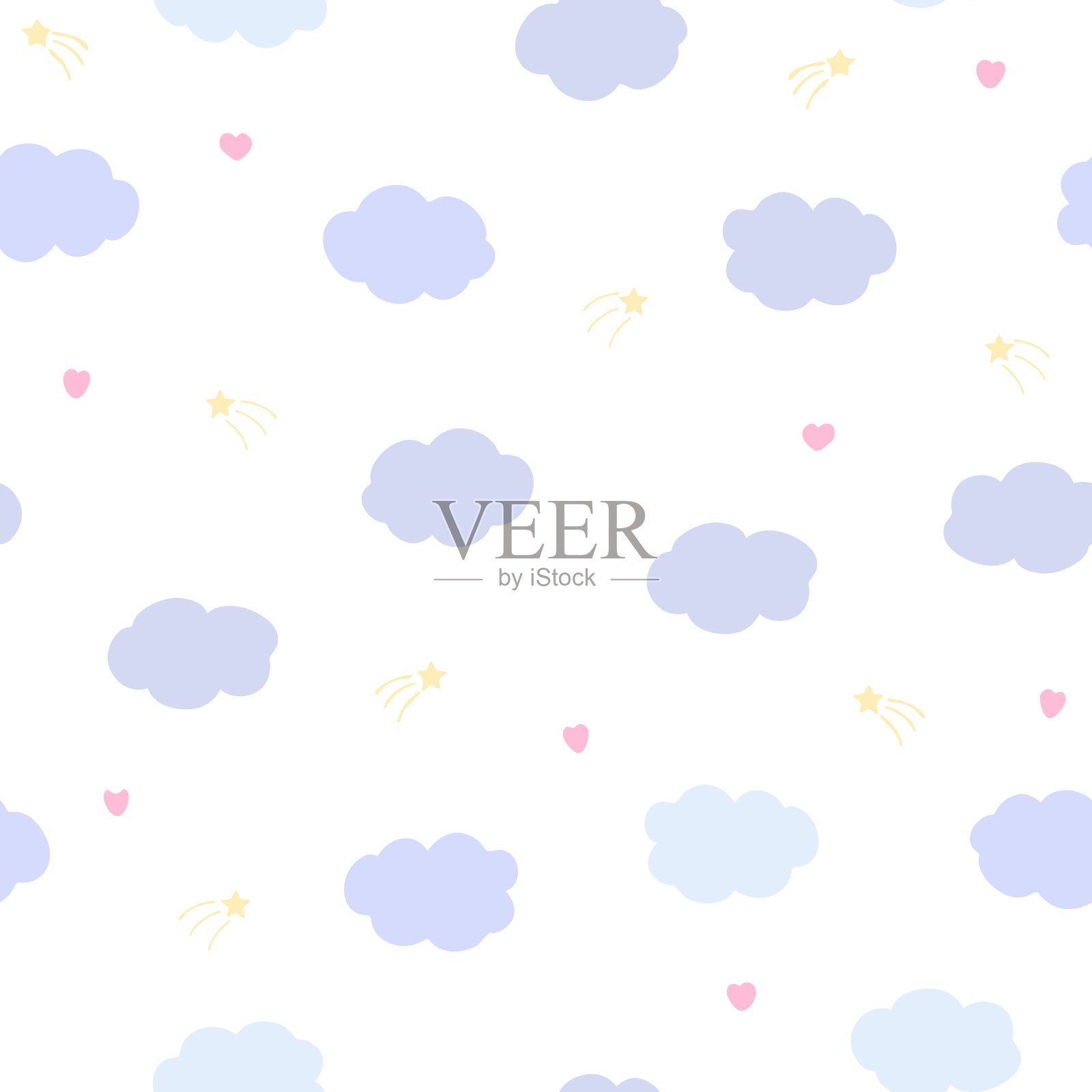 矢量无缝模式与云和心在白色的背景。插画图片素材