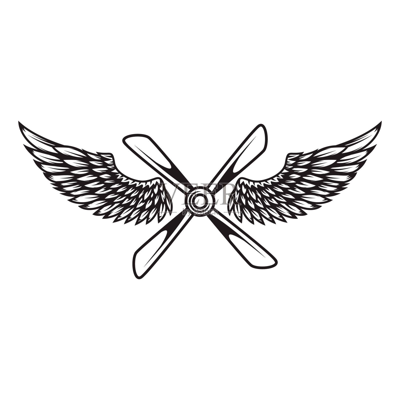 带有鸟翅膀的飞机螺旋桨。标签、标识、会徽的设计元素。矢量图插画图片素材
