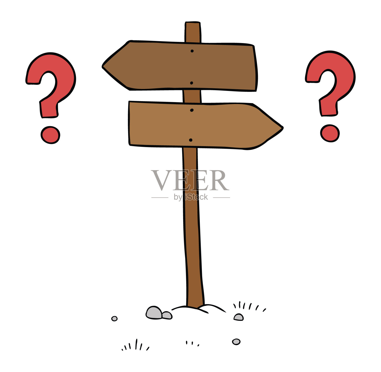卡通矢量插图的木制道路标志。无法对左右两边做出决定。设计元素图片
