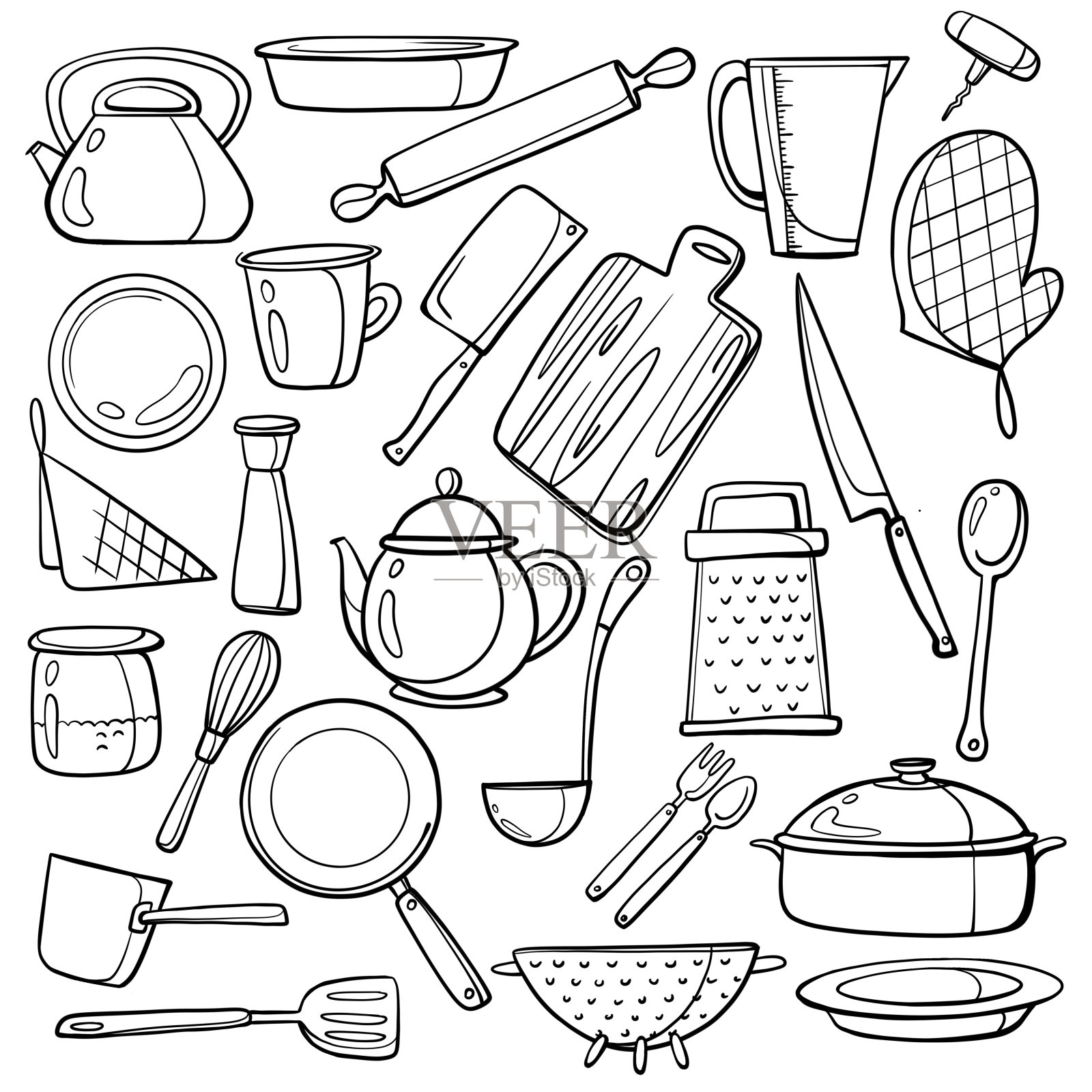 一套厨房用具。烹饪配件。线性的形象。插画图片素材