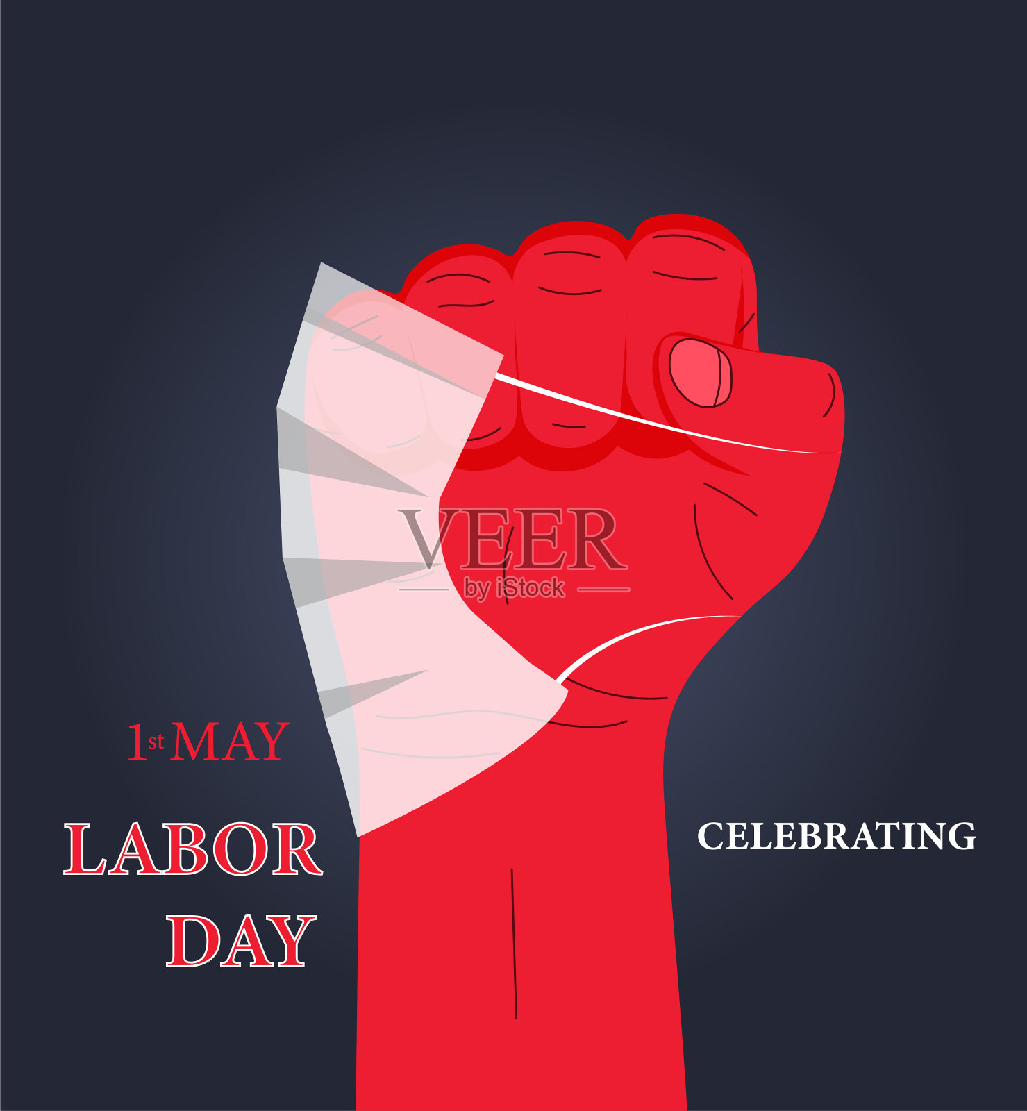 庆祝第一个劳动节。红色的手和抗菌口罩。劳动节在冠状病毒时间。插画图片素材