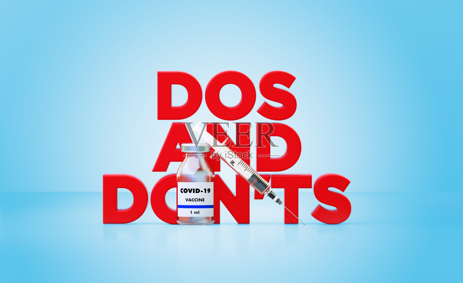 注射器和COVID-19疫苗瓶放置在蓝色背景上的红色“该做和不该做”文字前照片摄影图片