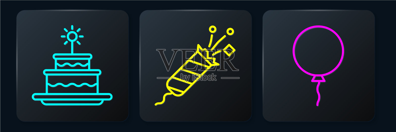 订线蛋糕与燃烧的蜡烛与气球图标素材