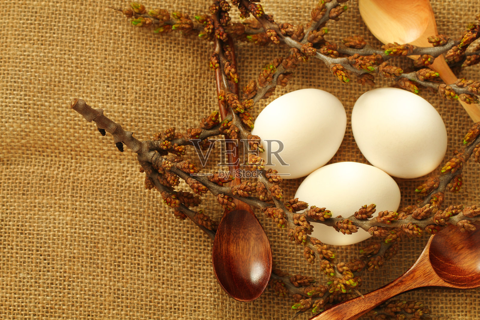 用带芽的小树枝和木制汤匙做成的巢里的白色蛋，是一种乡村风格的复活节照片摄影图片