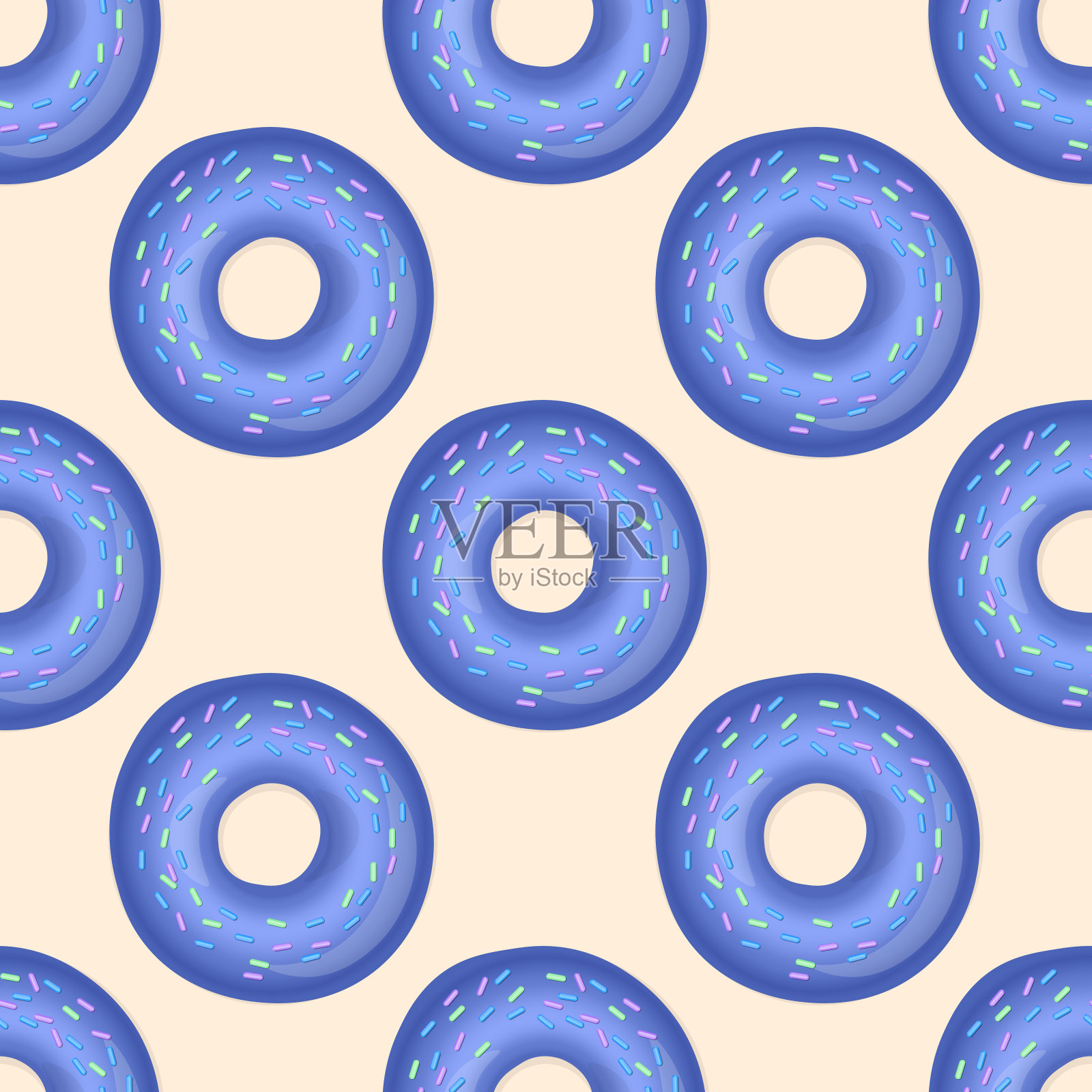 以彩色糖霜和彩色粉为背景的甜甜圈。3d逼真的食物无缝模式。模板现代设计海报，卡片，织物，纺织品。现实的矢量图设计元素图片