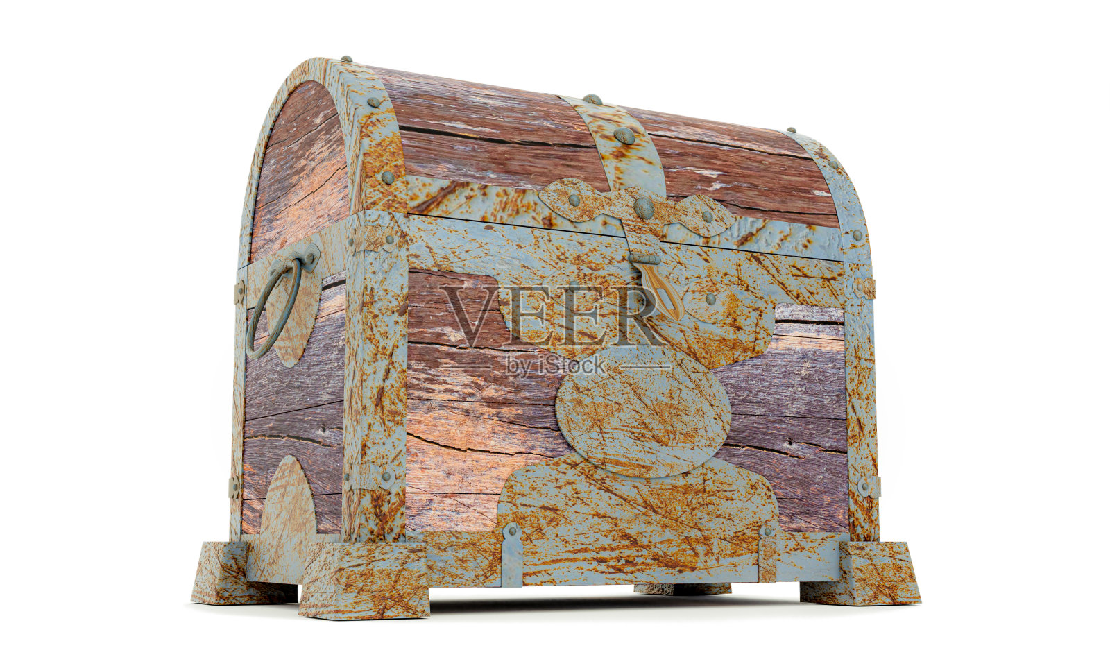 破旧的海盗宝藏箱。烂和破碎。用于存放贵重物品由开裂的木头和生锈的金属制成隔离在白色背景和墙纸上。3 d渲染。照片摄影图片
