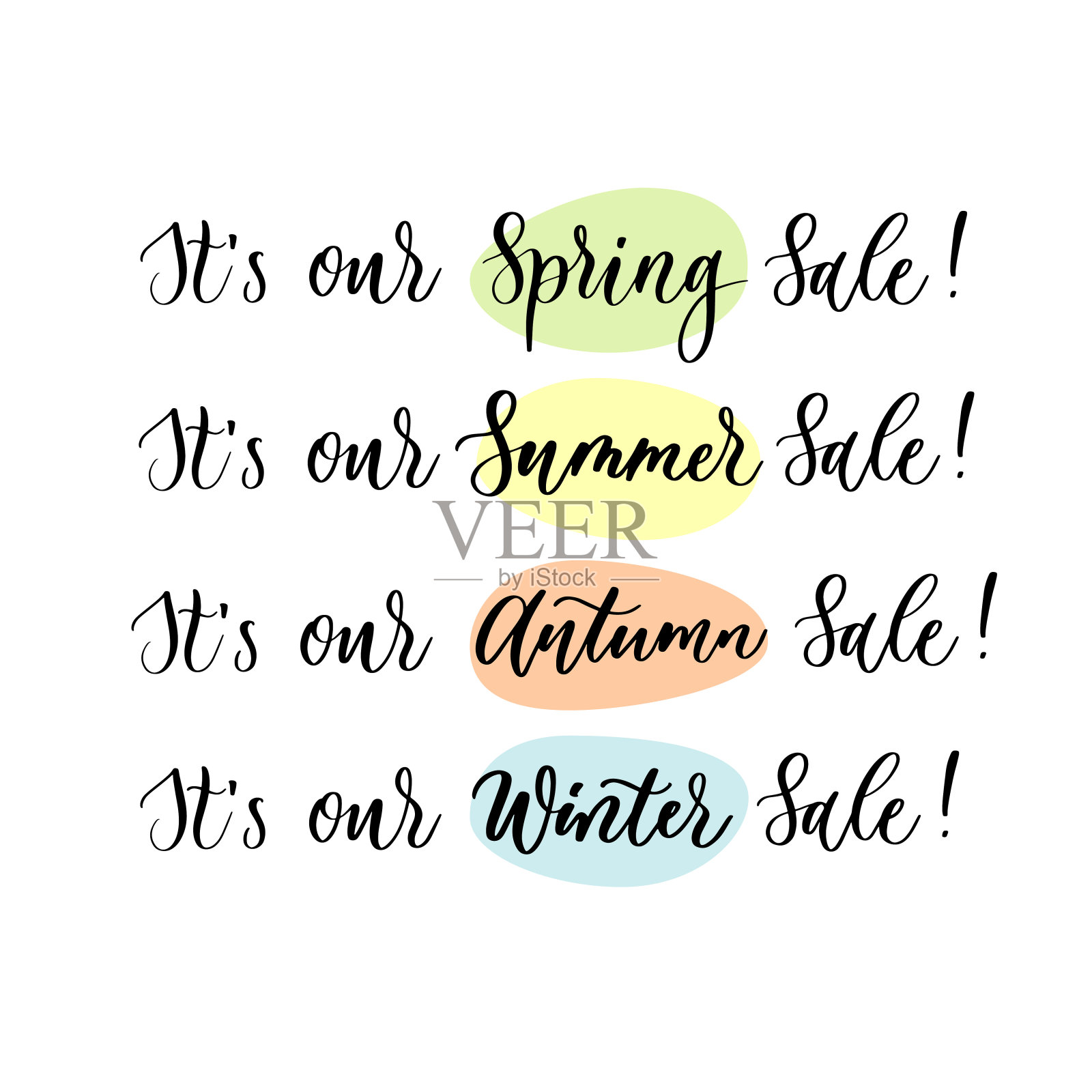 这是我们春夏秋冬的特卖会。手写体和现代书法题字。设计元素图片