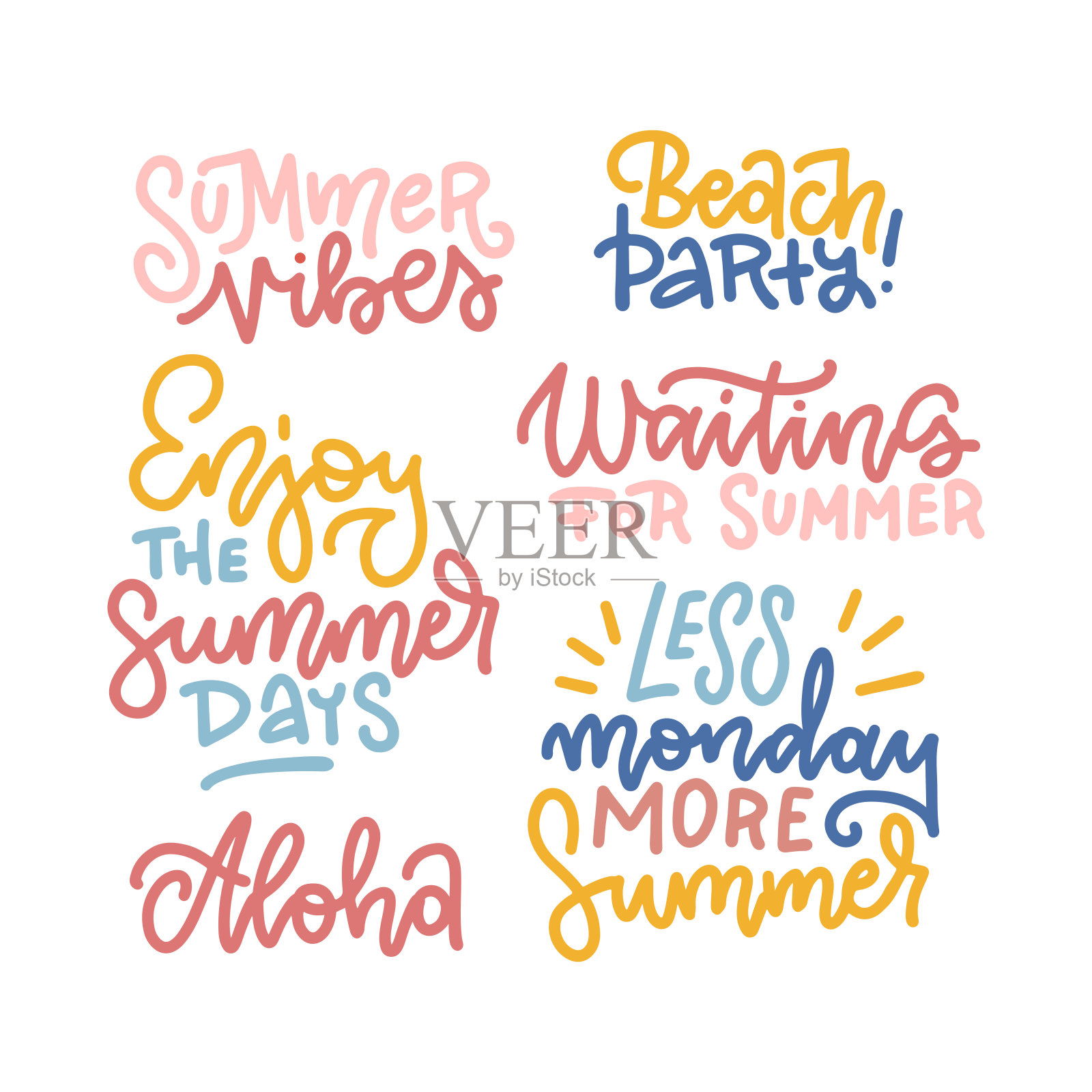 夏季手绘书法文本元素集。向量收集鲜艳的彩色夏季字母。美丽的夏天引用海报。直线手画矢量期刊贴纸设计元素图片