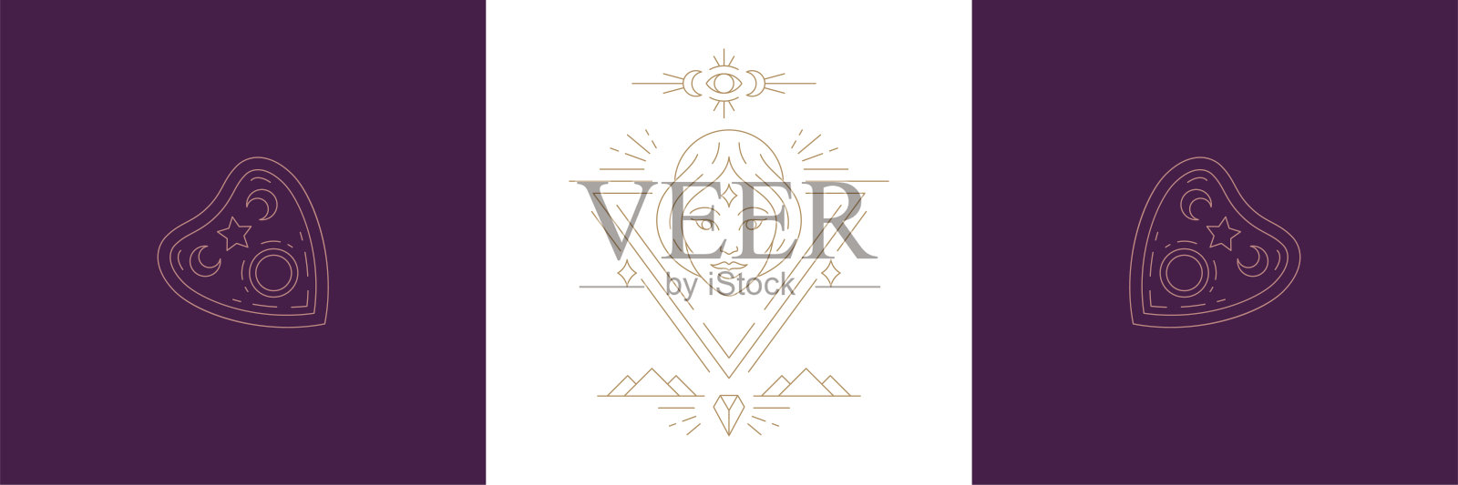 魔术女人的脸和显灵板指针在波西米亚线性风格矢量插图集插画图片素材