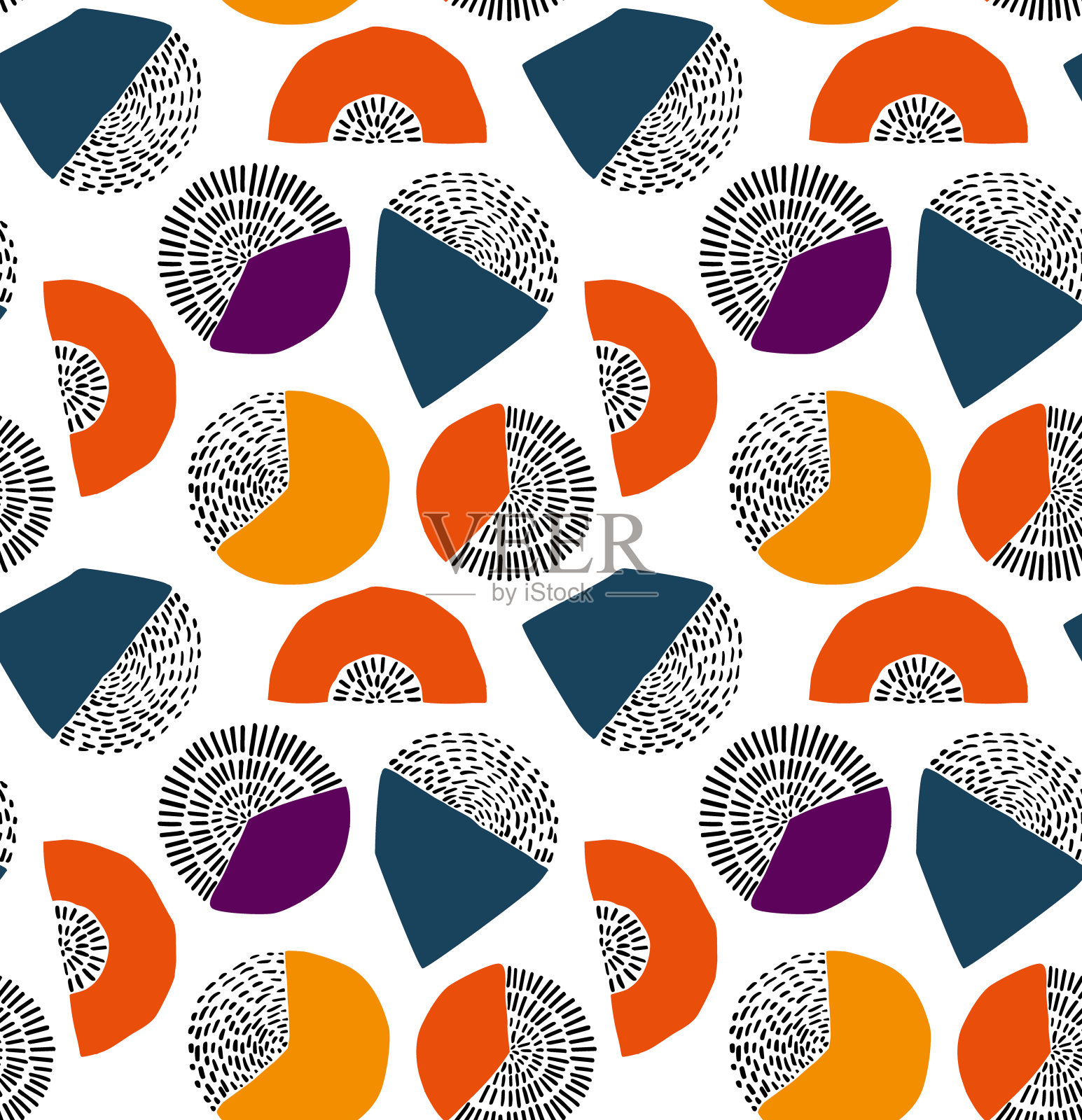 抽象彩色的点和线曲线圆半圆几何形状无缝图案，无限重复的矢量插图纹理背景插画图片素材