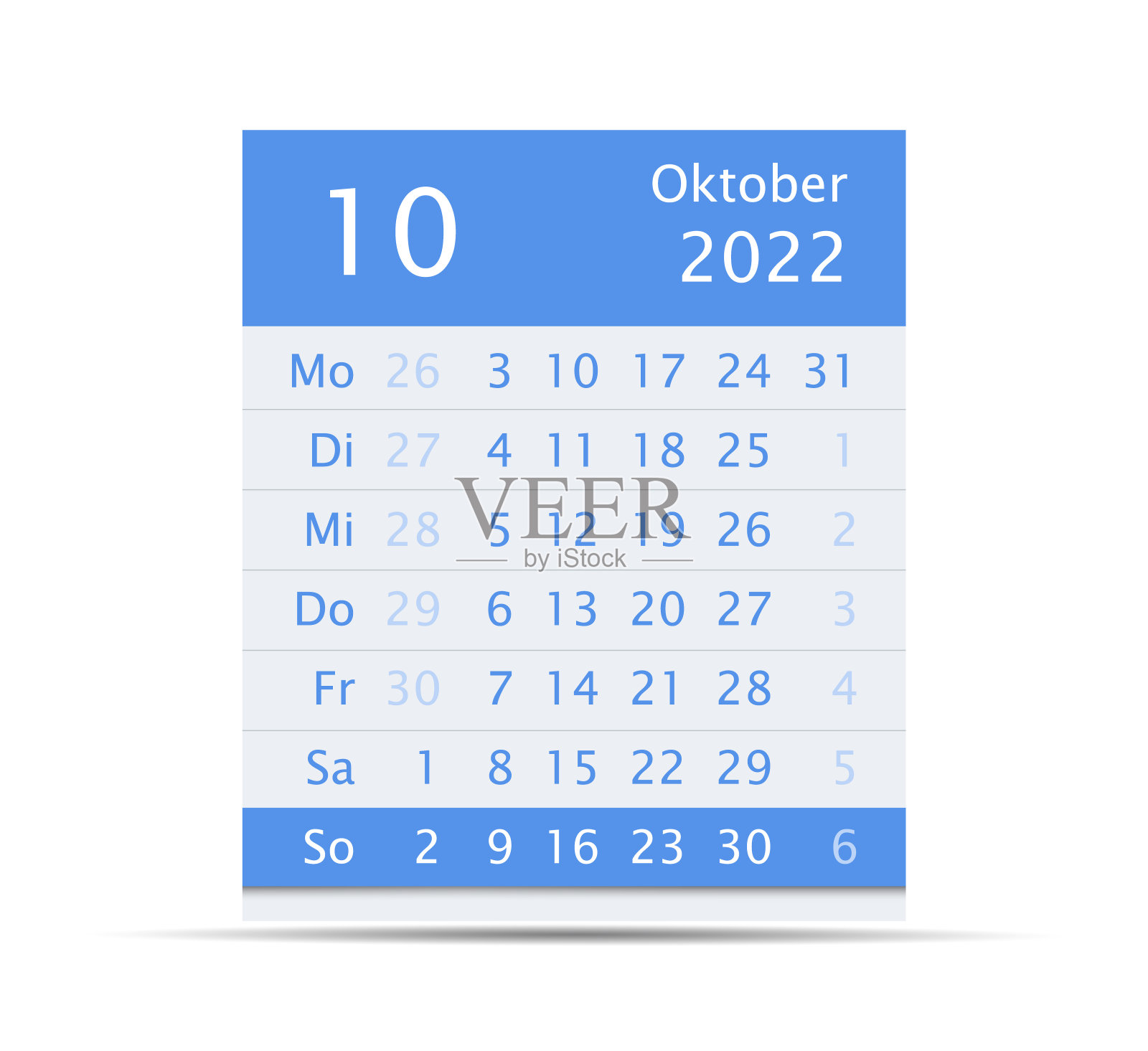 2022年十月月历。德国版本设计模板素材