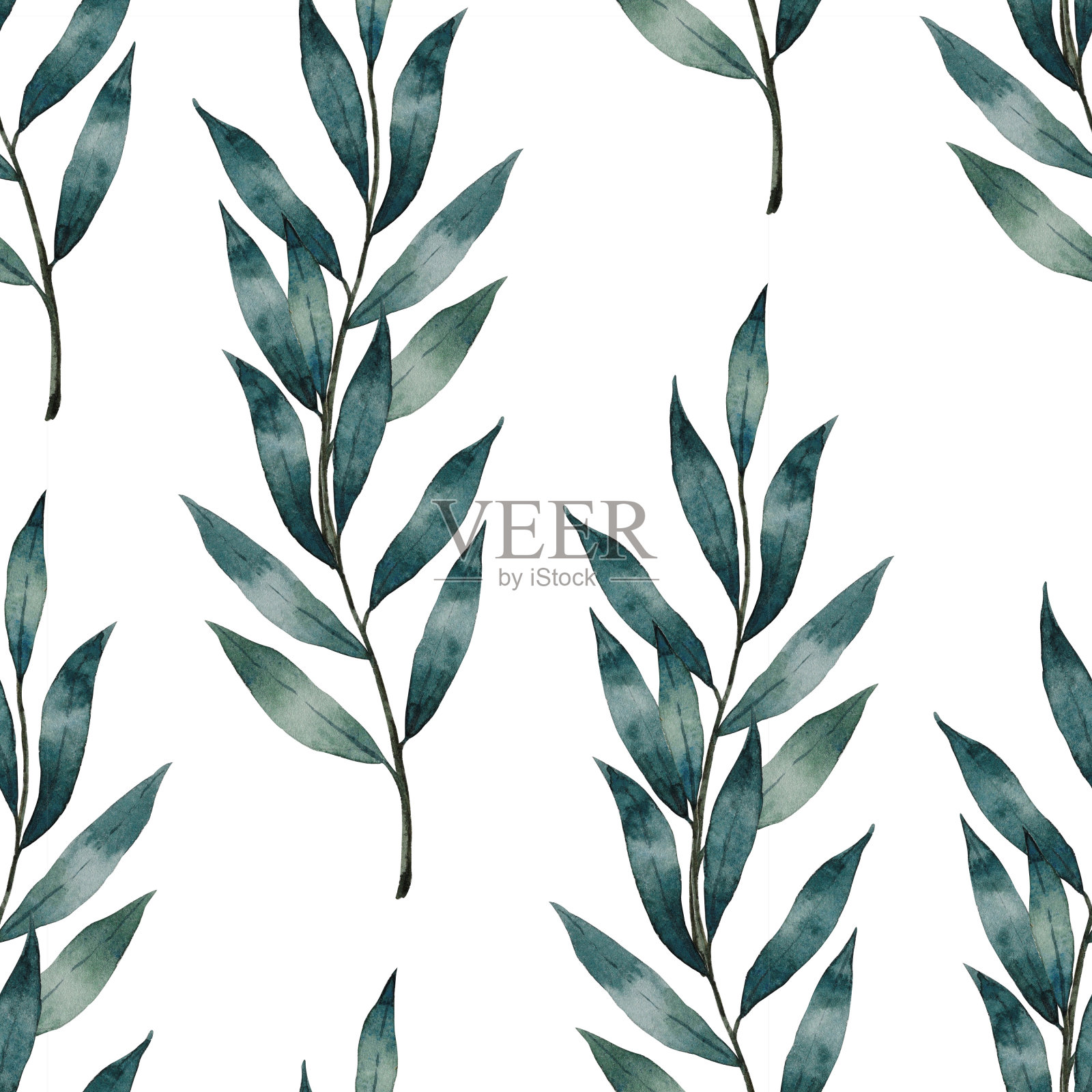 水彩无缝图案与绿叶。手绘插图孤立在白色背景。插画图片素材