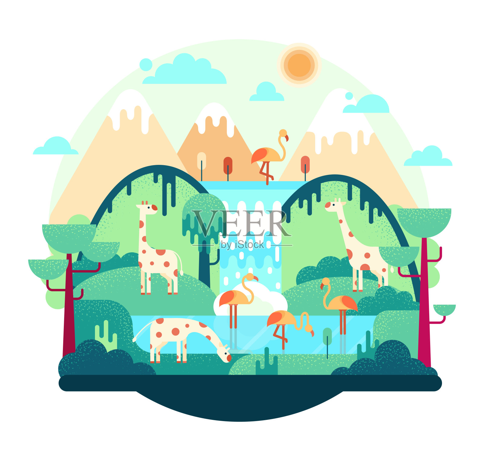 平面卡通插图，长颈鹿和粉红色火烈鸟在湖上，非洲风景。图片孤立的白色背景插画图片素材