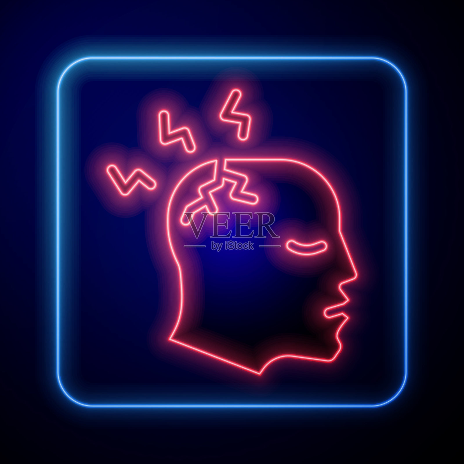 发光的霓虹灯人有一个头痛的偏头痛图标插画图片素材