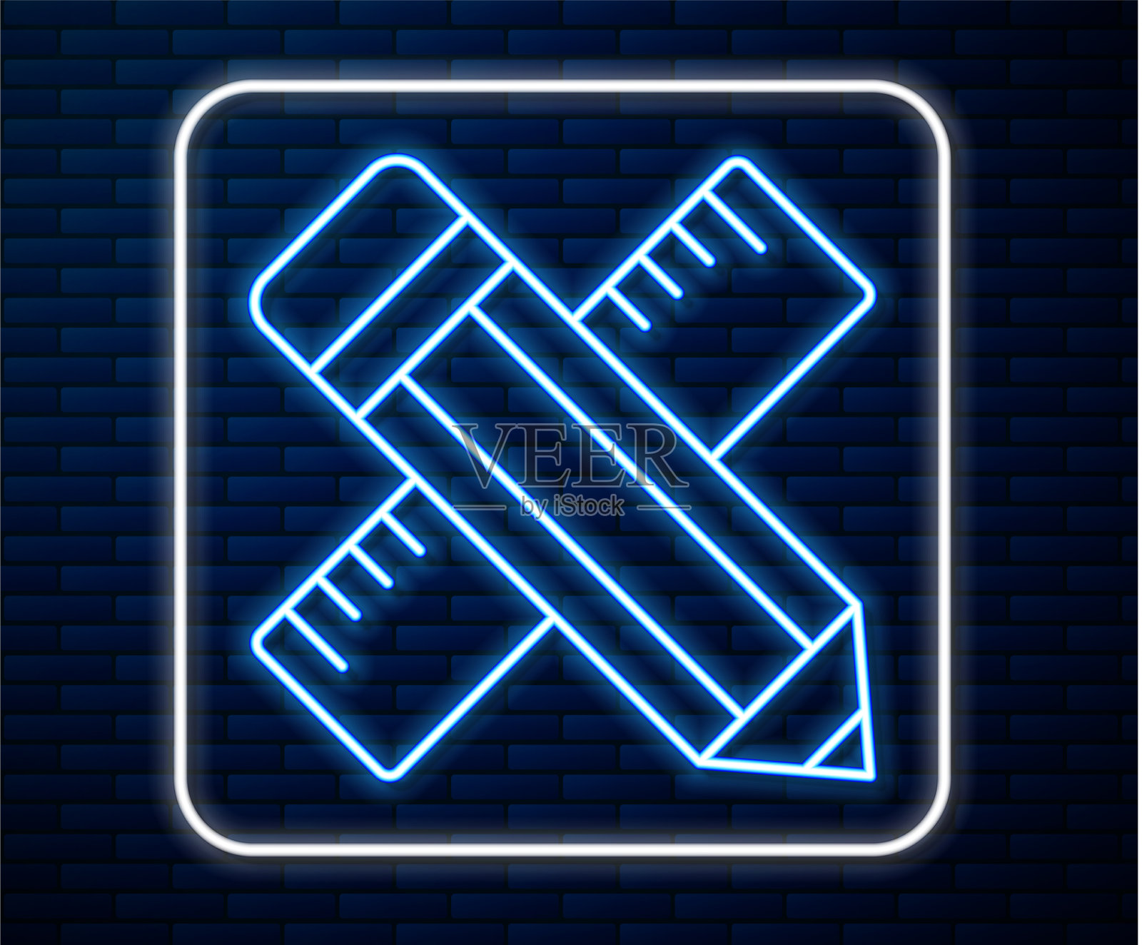 发光的霓虹灯线穿过了标尺和铅笔图标图标素材