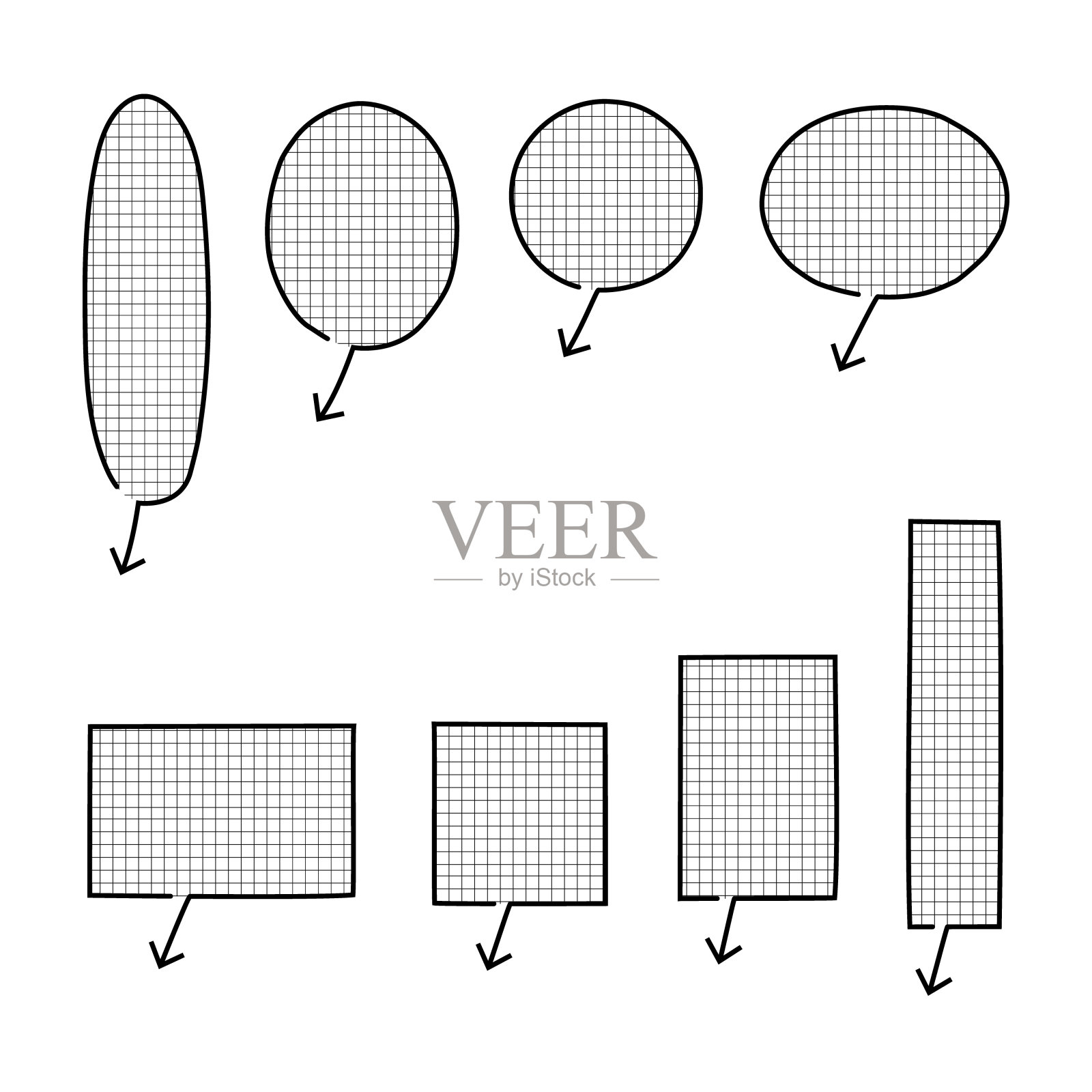 收集一套用箭头指向的手绘演讲泡泡气球，思考，说话，说话插画图片素材