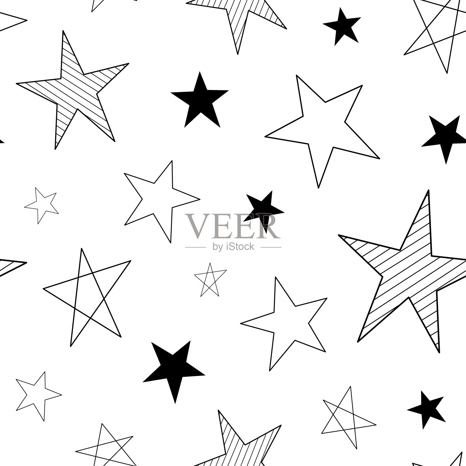 可爱的无缝星星图案。空间质感、明星背景、涂鸦风格、纺织面料、抽象几何印花。插画图片素材