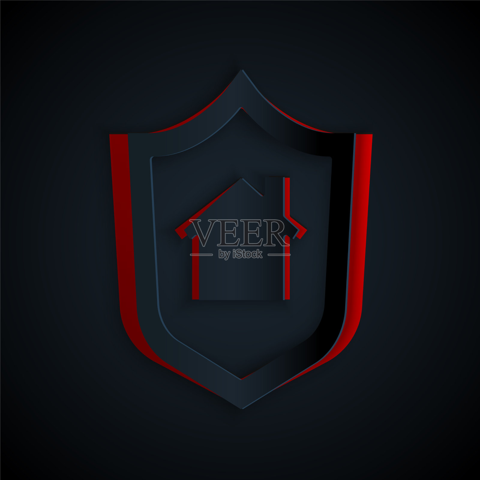 剪纸房子与盾牌图标孤立在黑色插画图片素材