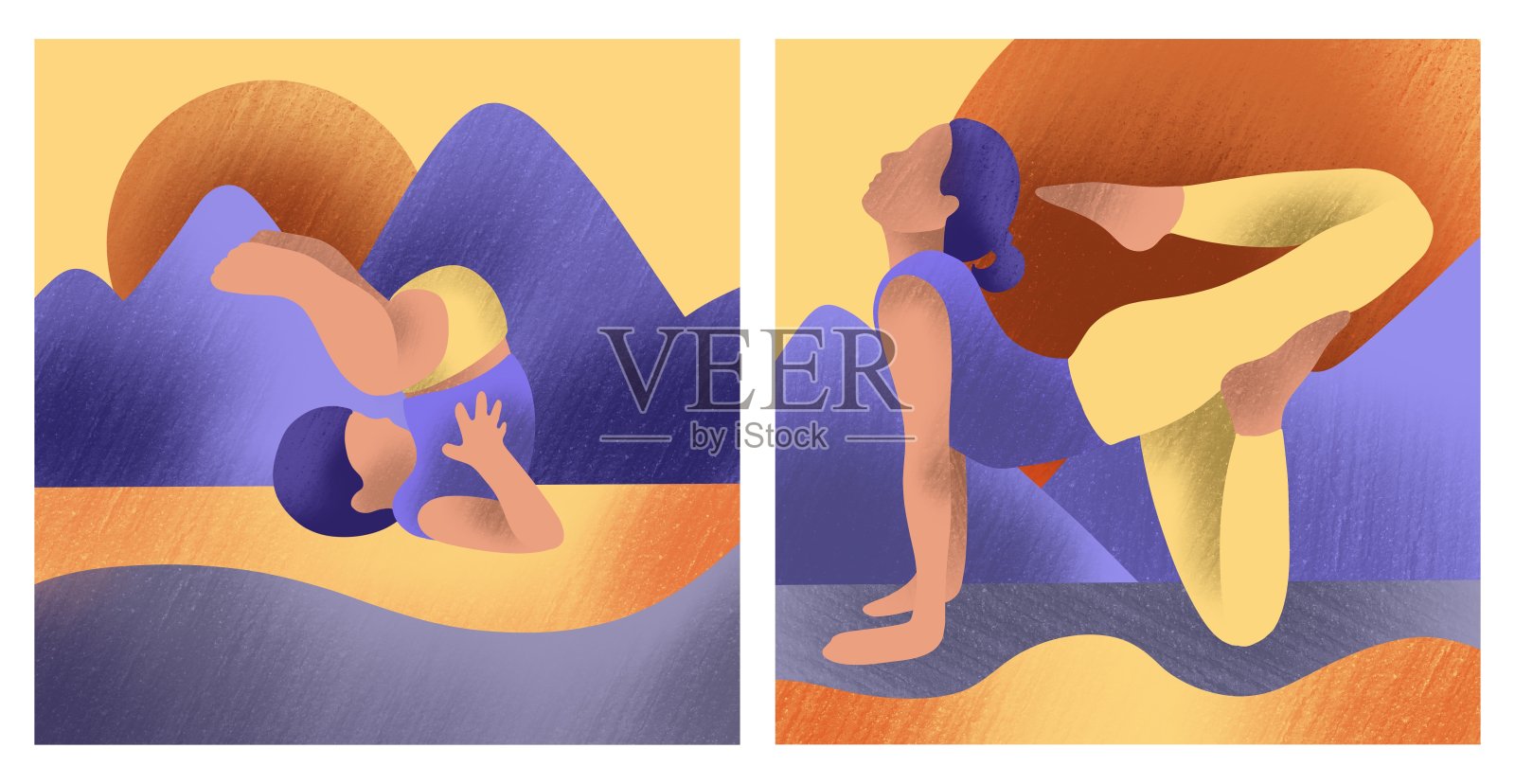 手绘纹理瑜伽姿势女人和孩子纹理海报。孤立在白黄蓝插图上。时尚的颜色。适用于横幅、网页、印刷品、小册子、传单、卡片、海报插画图片素材