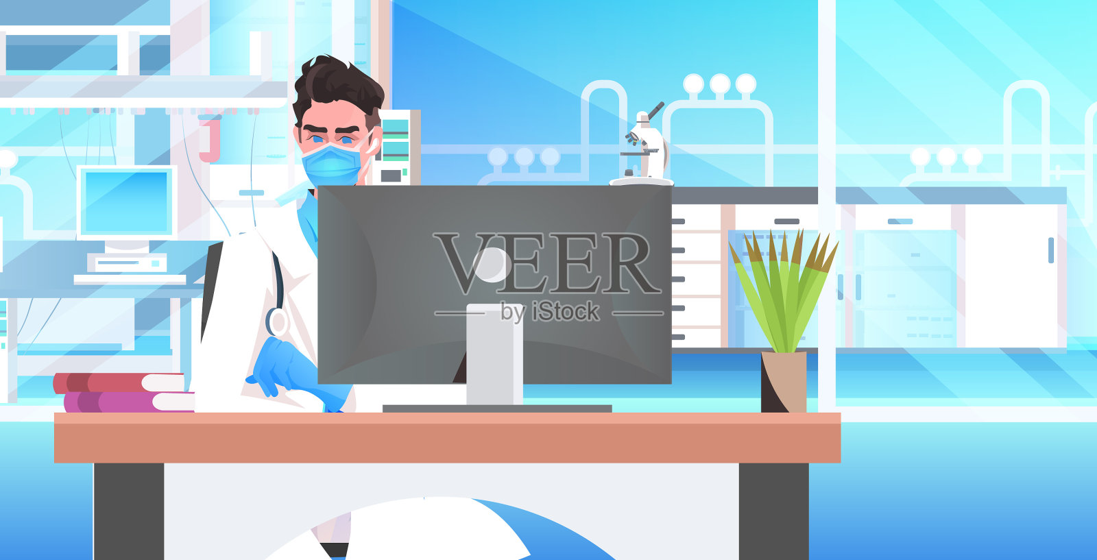 医生坐在工作场所的医疗专家插画图片素材