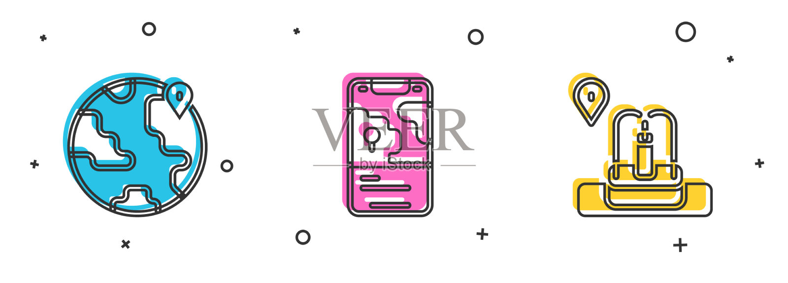 在全球城市地图导航和设置位置图标素材