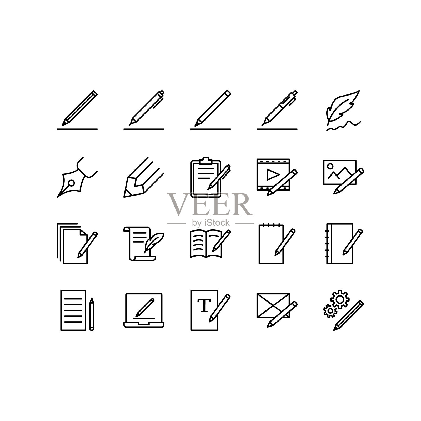 文案相关的直线图标设置。钢笔，铅笔，编辑，笔记，笔记本电脑，笔记本简单的矢量插图。概要标志的移动概念和网页设计，商店，标志，文档，新闻。可编辑的中风图标素材