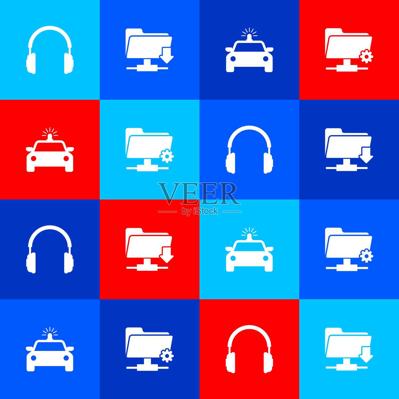 设置耳机，FTP文件夹下载，警车和闪光灯和设置图标。向量插画图片素材