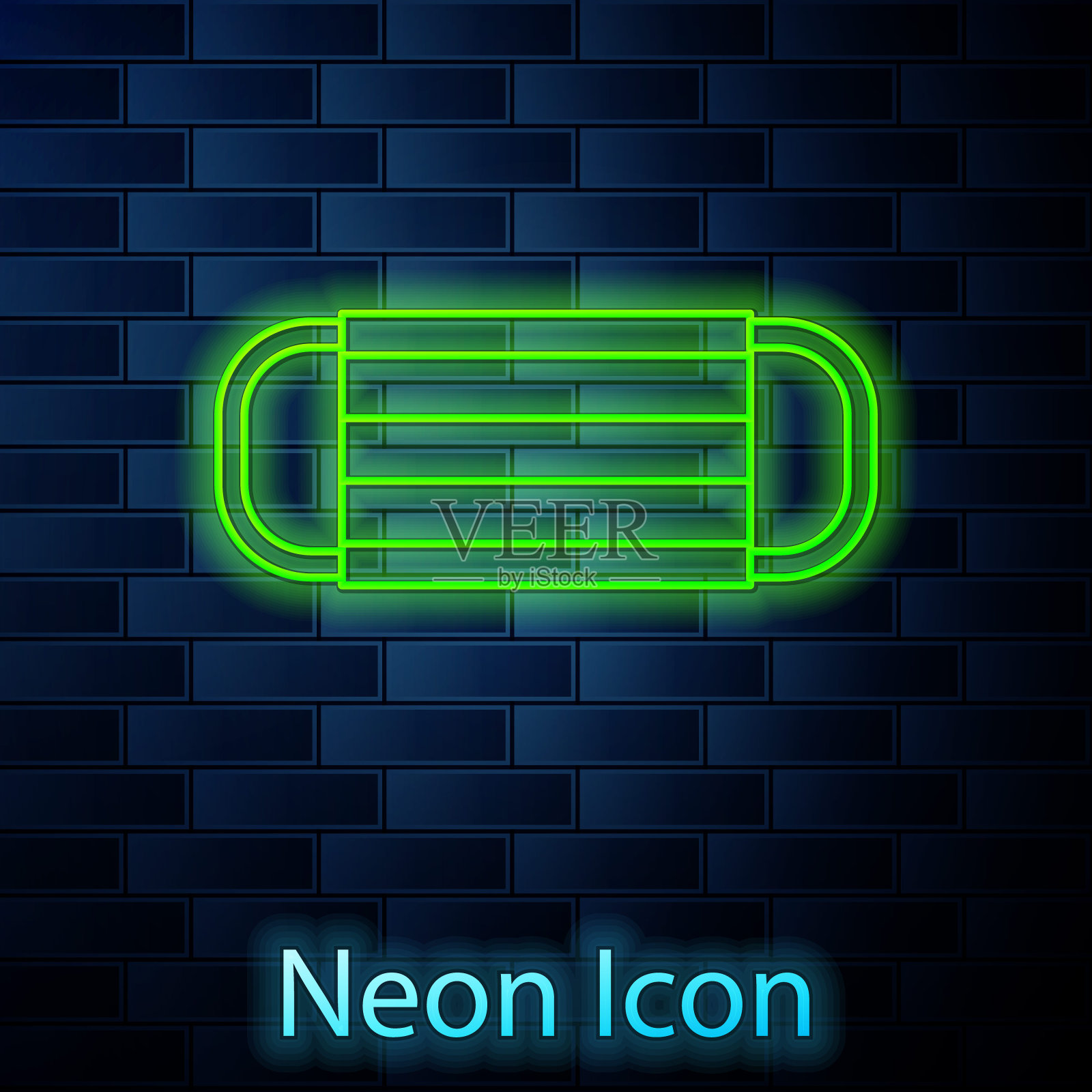 发光的霓虹灯线医用防护面具图标隔离在砖墙的背景上。向量图标素材