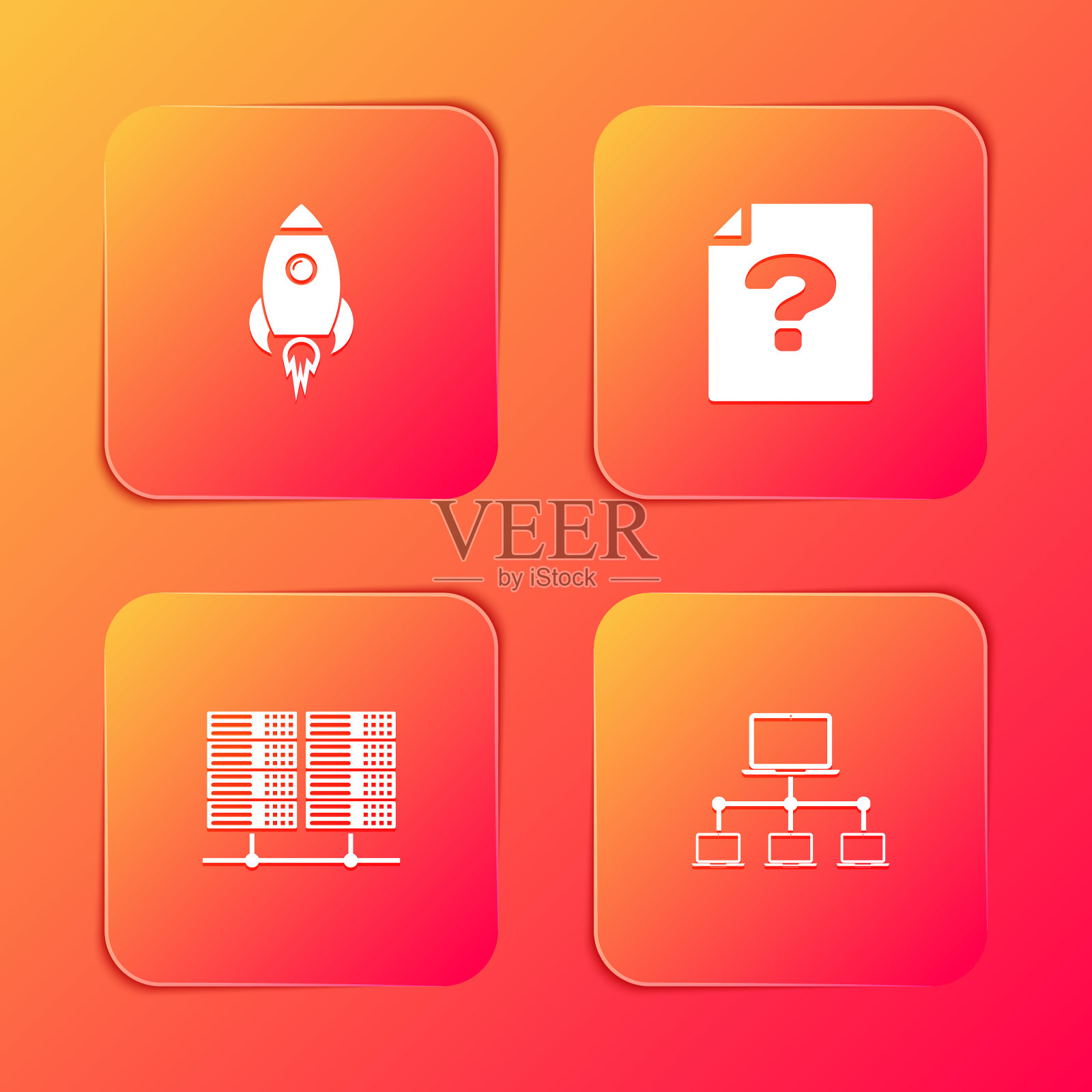 Set Rocket ship with fire, Unknown document, Server, Data, Web Hosting and Computer network图标。向量插画图片素材