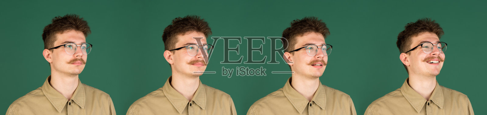 情感的进化。白人男子的肖像孤立在绿色的工作室背景与拷贝空间照片摄影图片