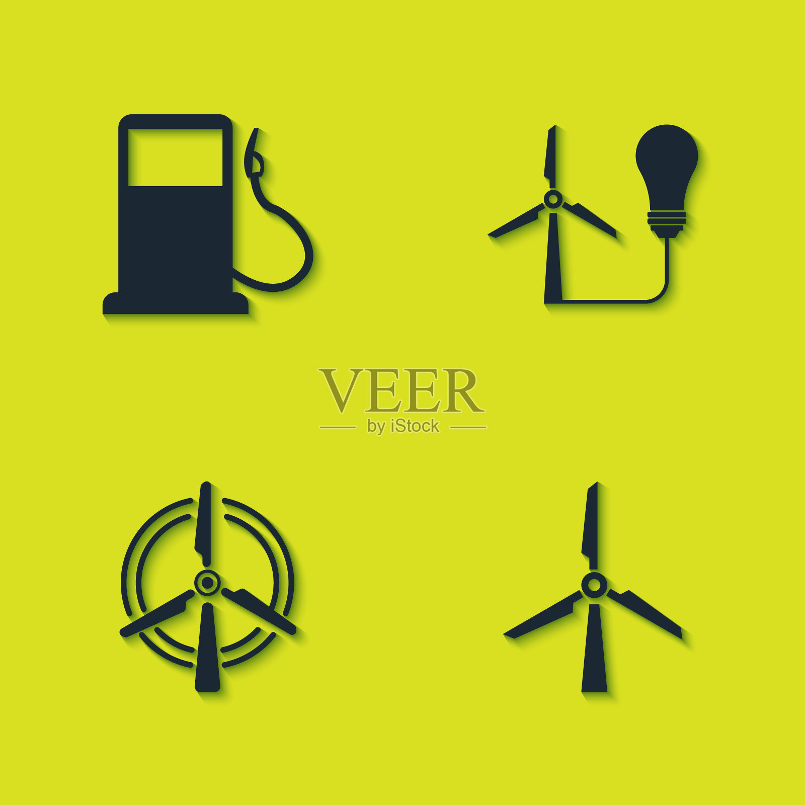 设置汽油或加油站，风力涡轮机，旋转风和灯泡与图标。向量图标素材