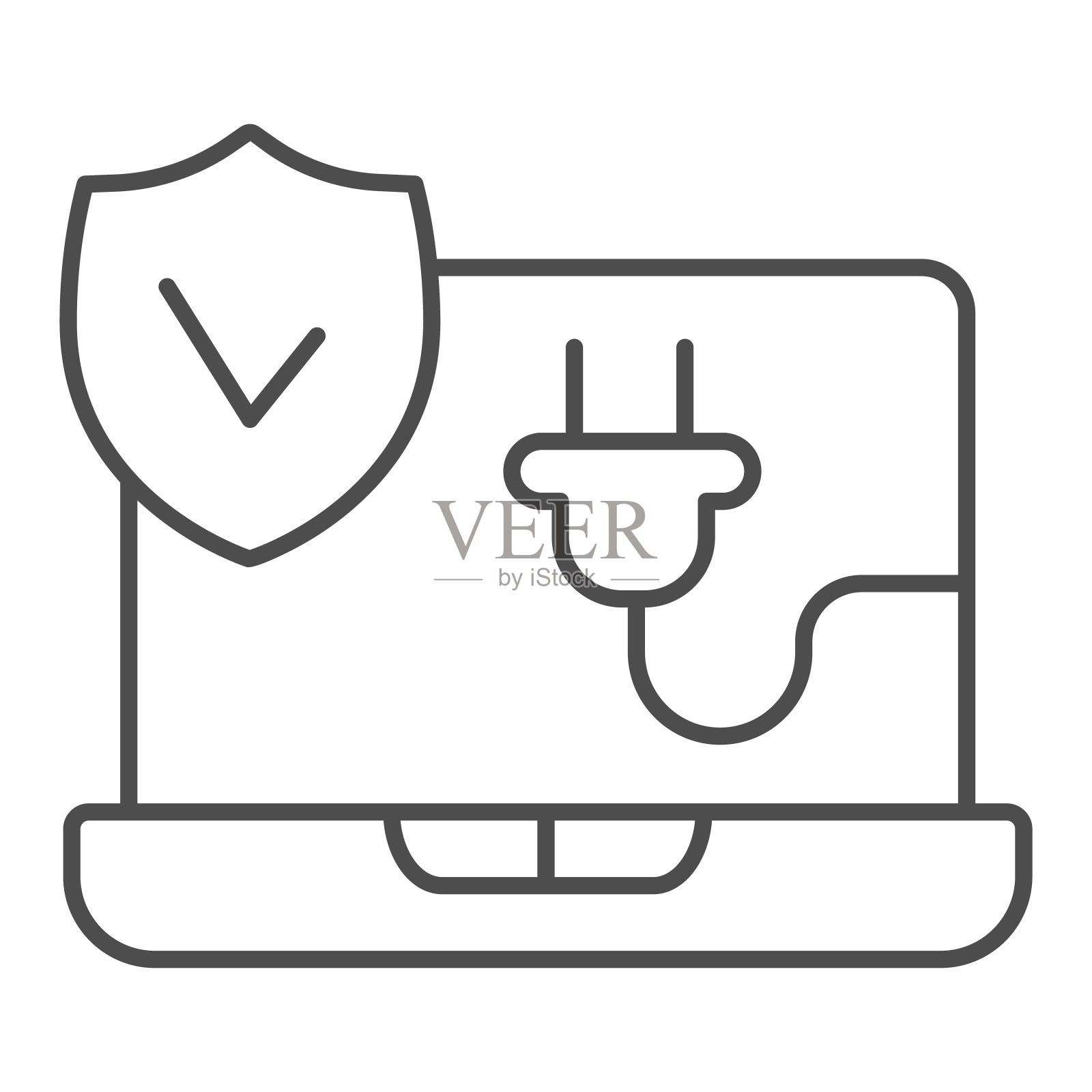 工作笔记本电脑细线图标，pcrepair概念，工作笔记本电脑矢量标志上的白色背景，网络插头和会徽检查轮廓风格的移动概念和网页设计。矢量图形。插画图片素材