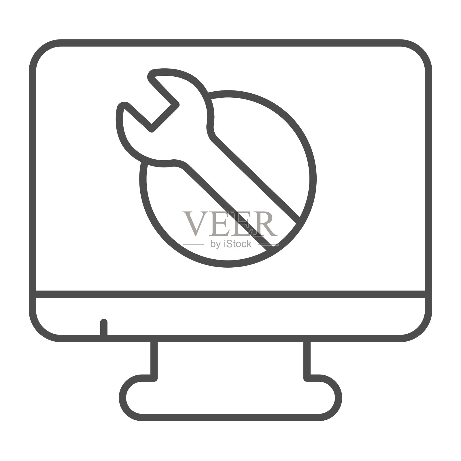 显示器与扳手细线图标，pcrepair概念，显示器与扳手矢量标志在白色背景，显示器轮廓风格的移动概念和网页设计。矢量图形。插画图片素材