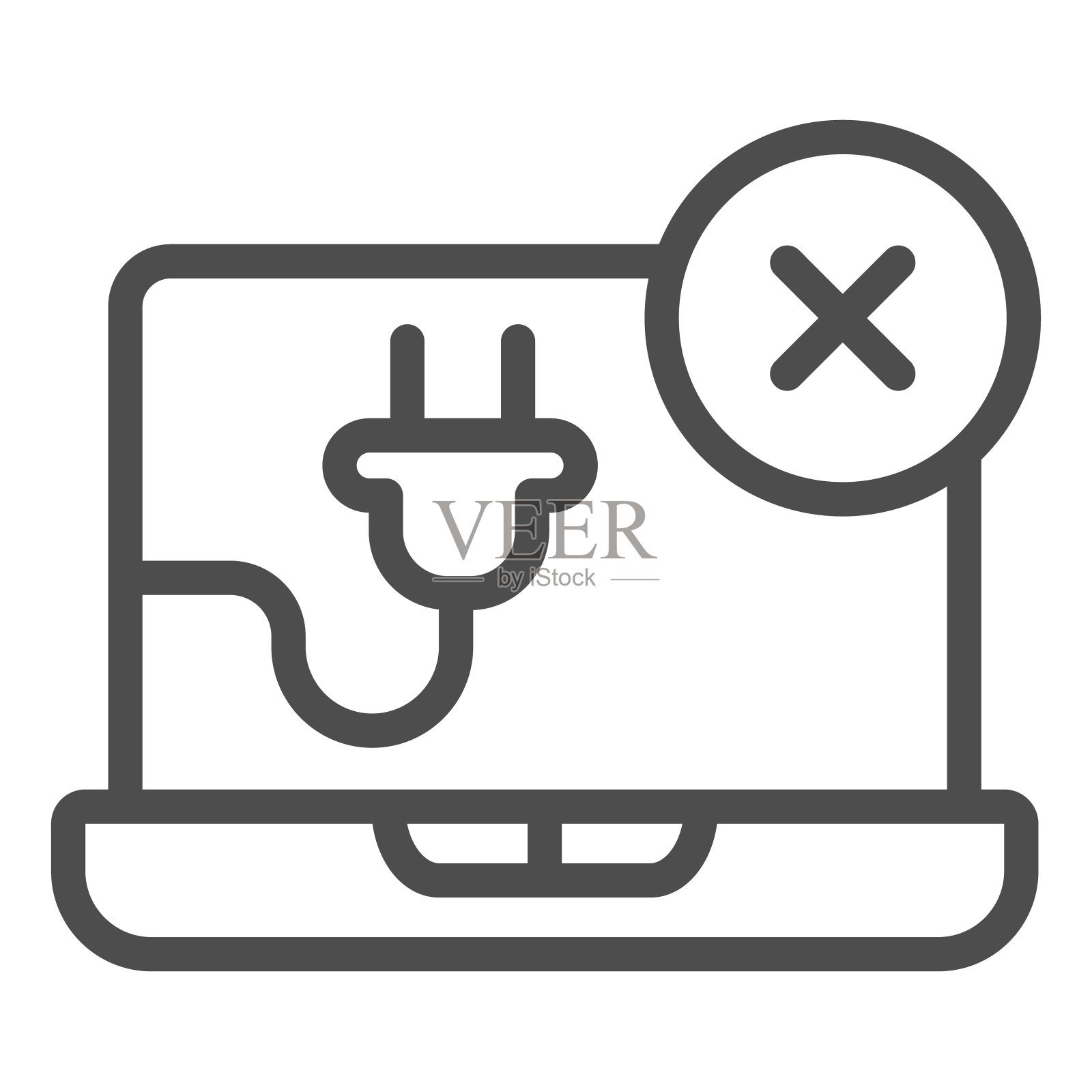 断开的笔记本电脑线图标，pcrepair概念，错误的笔记本电脑矢量标志的白色背景，断开的笔记本电脑轮廓风格的移动概念和网页设计。矢量图形。图标素材