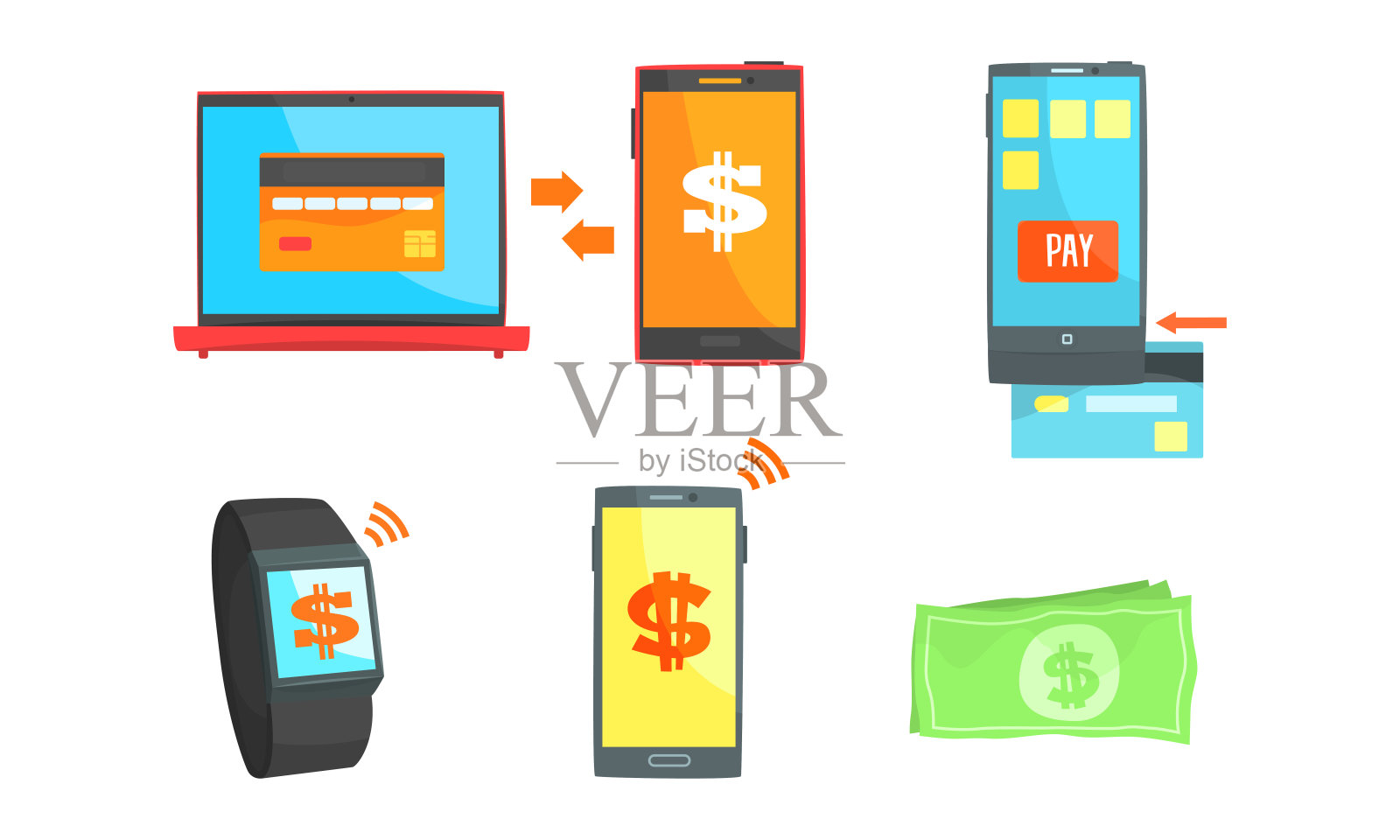 通过移动设备向量集的移动和信用卡支付或金钱转移插画图片素材