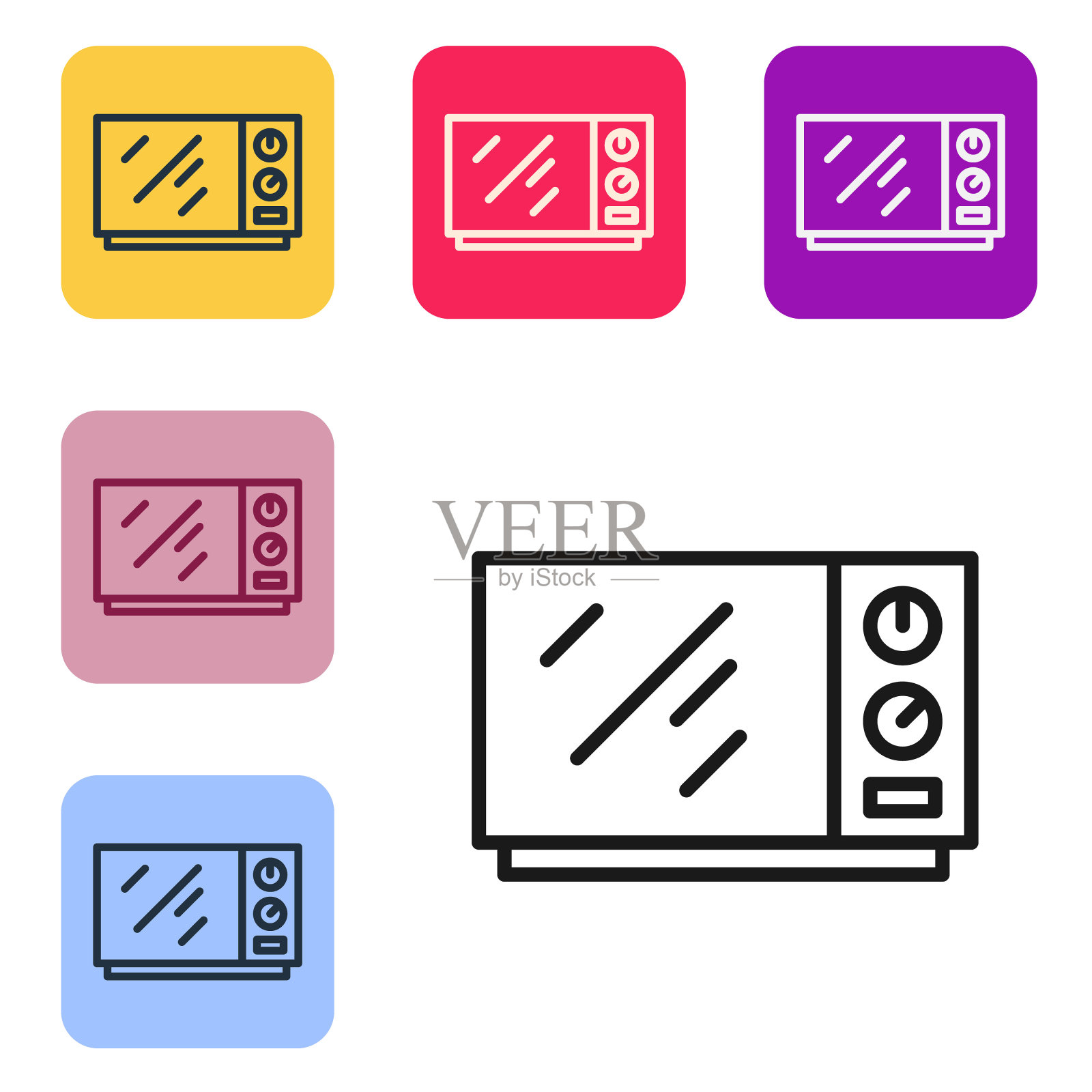 黑线微波炉图标孤立在白色背景。家用电器图标。设置图标的颜色方形按钮。向量图标素材