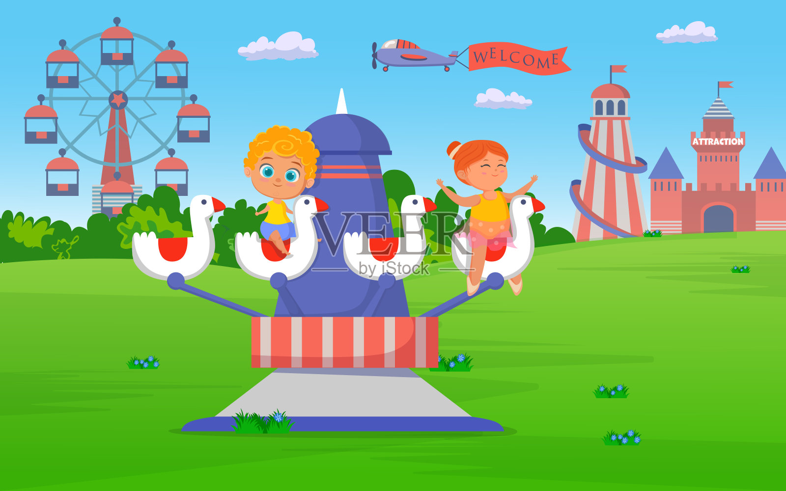 儿童骑马吸引在游乐园插图插画图片素材