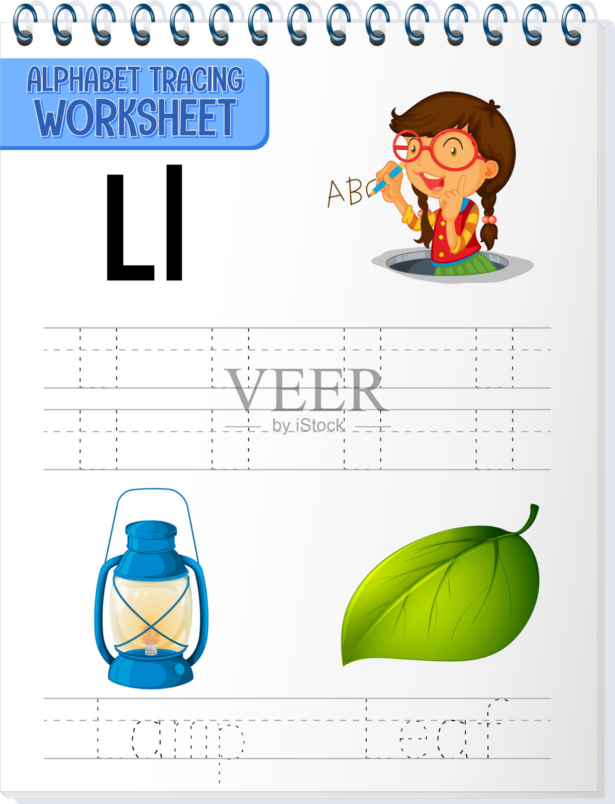 字母跟踪工作表与字母和插画图片素材