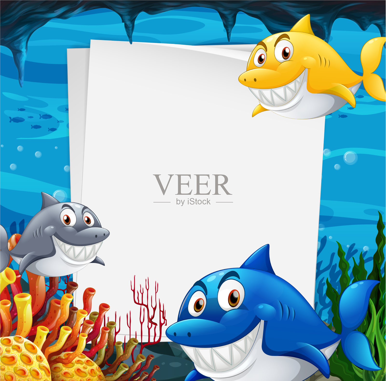 空白纸模板与许多鲨鱼卡通插画图片素材