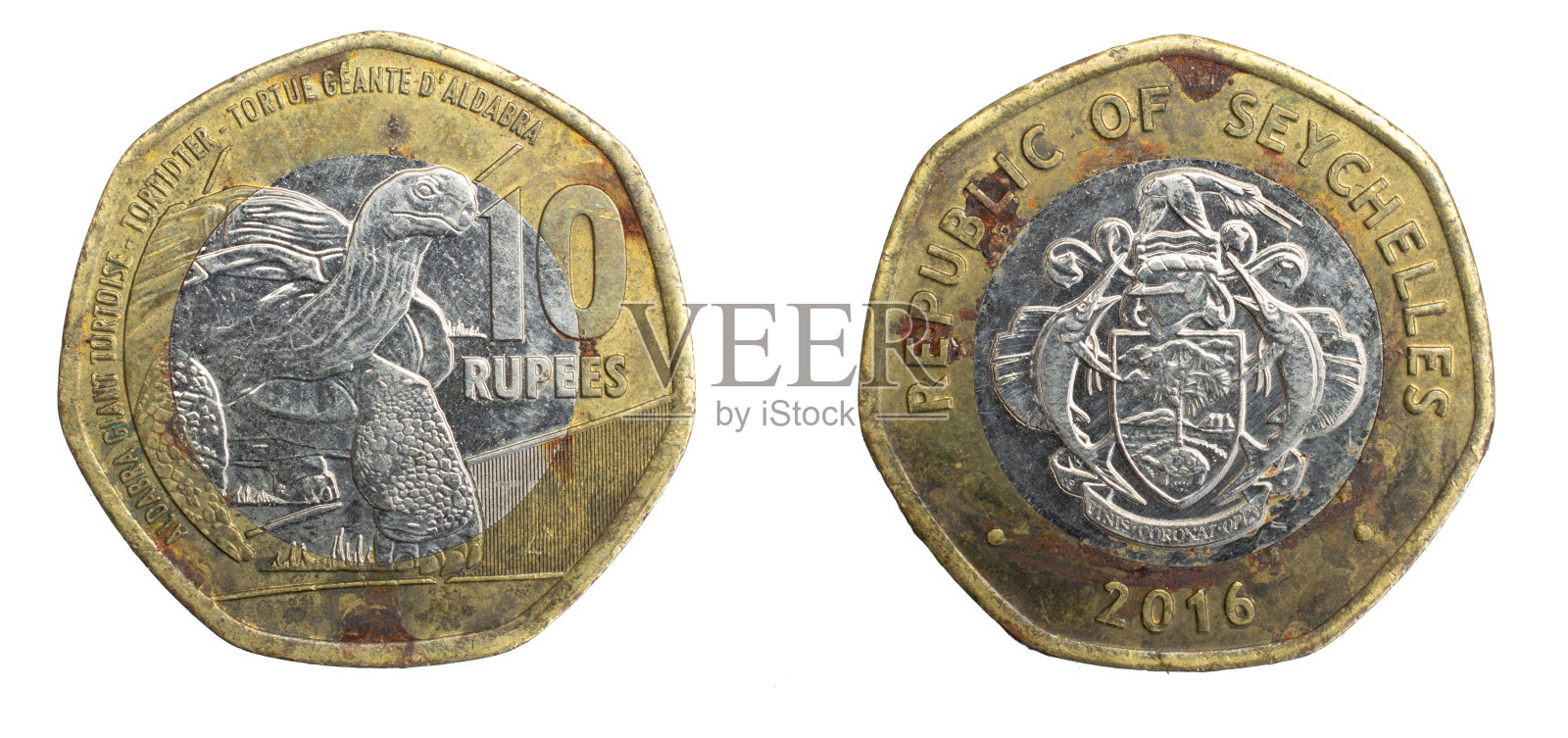 塞舌尔十卢比硬币白色孤立背景照片摄影图片