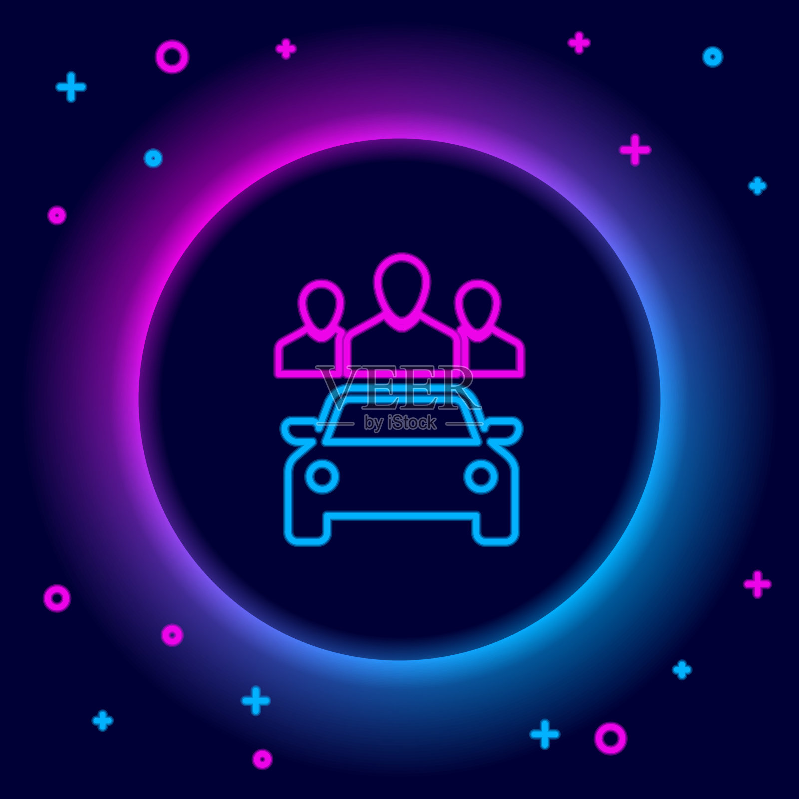 发光的霓虹线车与群人共享插画图片素材